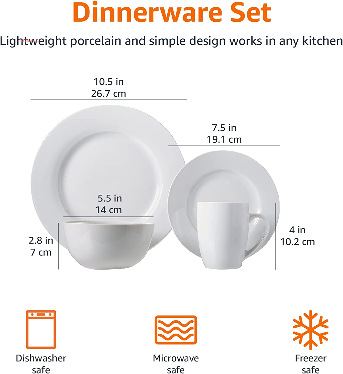 16-Piece Porcelain Kitchen Dinnerware Set with Plates, Bowls and Mugs, Service for 4 - White