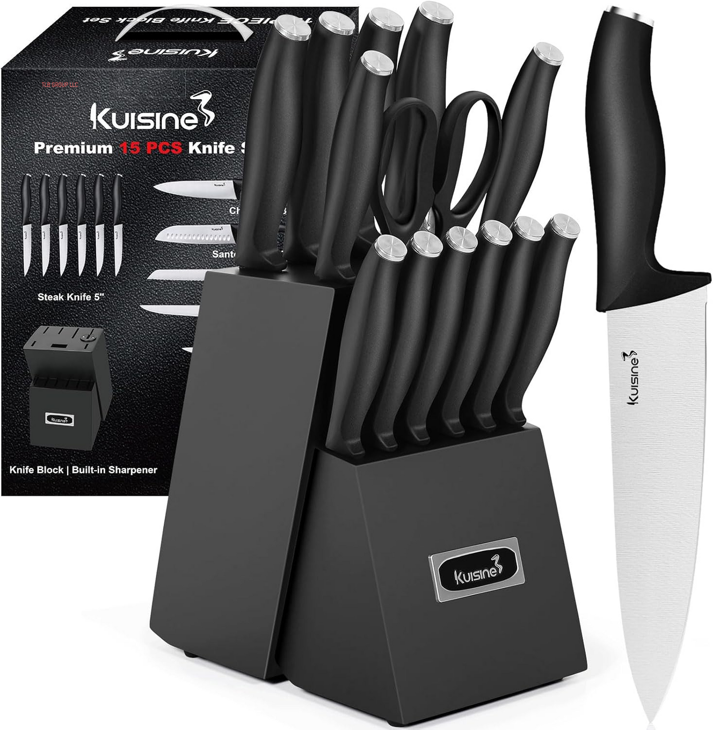 Chef Knife Set,High Carbon Stainless Steel Sharp Knife Set Ergonomic Handle,Kitchen Knife Block Set with Built-In Sharpener(Ivory Pro,15Pcs)
