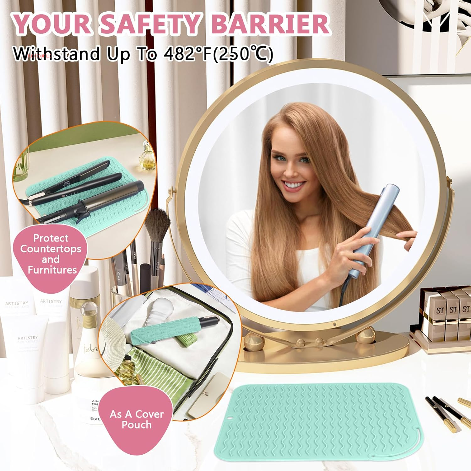 Larger Size Silicone Heat Resistant Mat for Curling Irons, Flat Irons, Hair Straightener and Other Hair Styling Tools, Portable Hot Tools Pad Cover for Travel Vanity Salon(12.0" X 9.0")