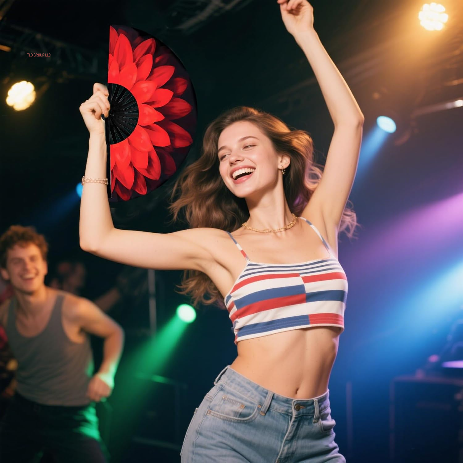 Folding Hand Fan Line Dance Popping Fan with Fan Bag，Folding Hand Fan Bamboo Ribs Hand Held Chinese for Music Festival,Club, Party, Dance，Disco, Neon, Glow Party Decorations (Multicolour, Petals)