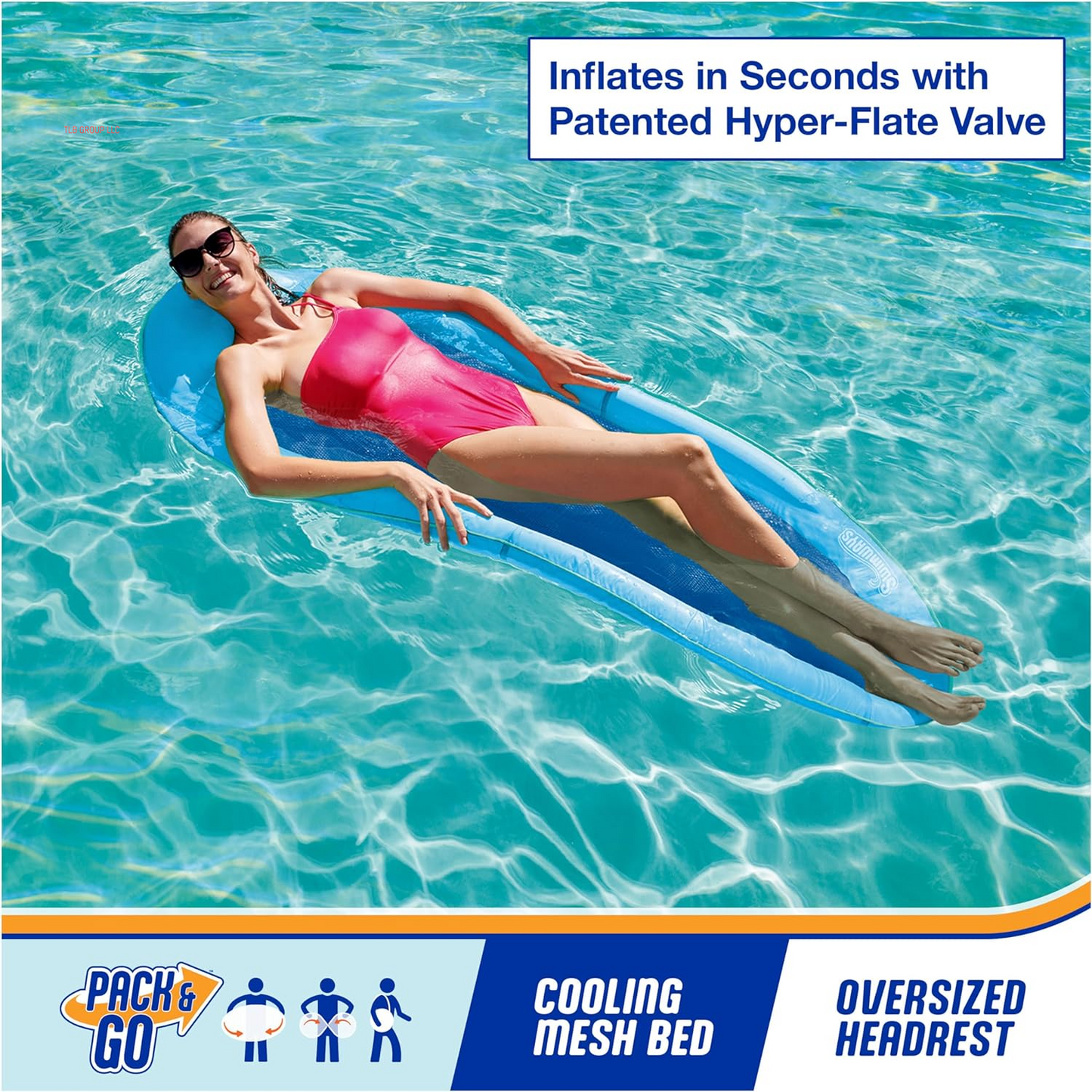 Spring Float Premium Hammock Pool Lounger, Inflatable Pool Floats Adult with Fast Inflation for Ages 15 & Up, Sky Blue