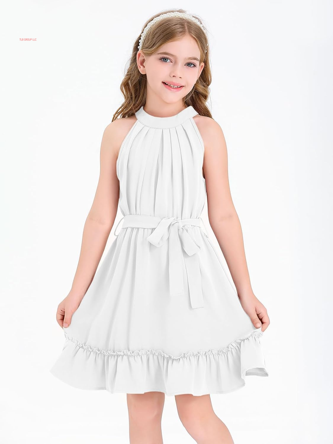 Girl'S Halter Neck Sleeveless Summer Dress Tie Waist A-Line Sundress Mini Swing Pleated Dress for Girls 4-12