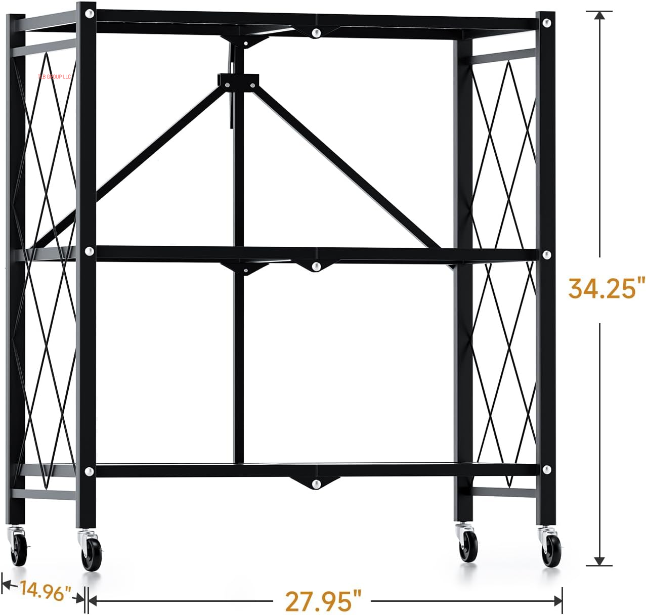 Heavy Duty 3-Tier Foldable Metal Rack, 14.96" D X 27.95" W X 34.25" H Storage Shelving Unit 750 Lbs with Wheels Moving Organizer Shelves for Garage Kitchen, Black