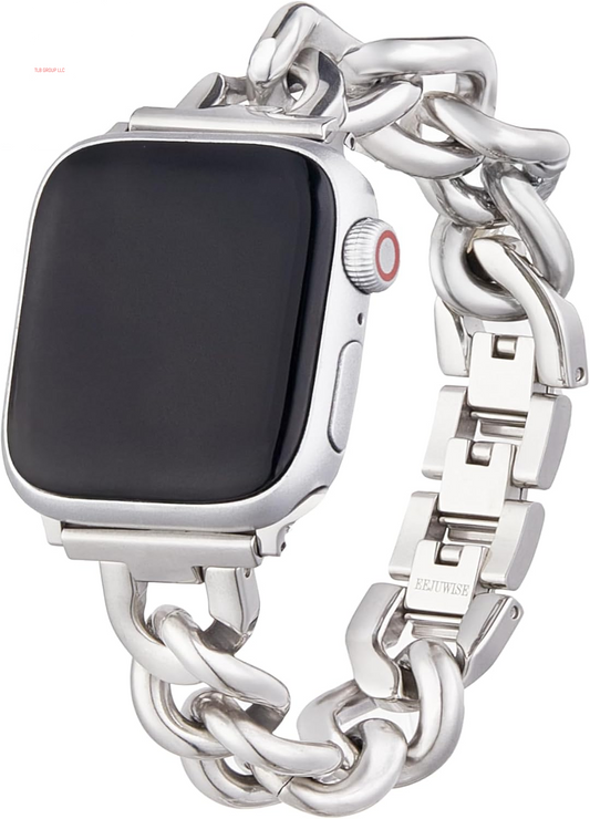 Silver Stainless Steel Chain Watch Band for Apple Watch 7/8/9,Compatible with 45Mm - Elegant & Durable Replacement Strap