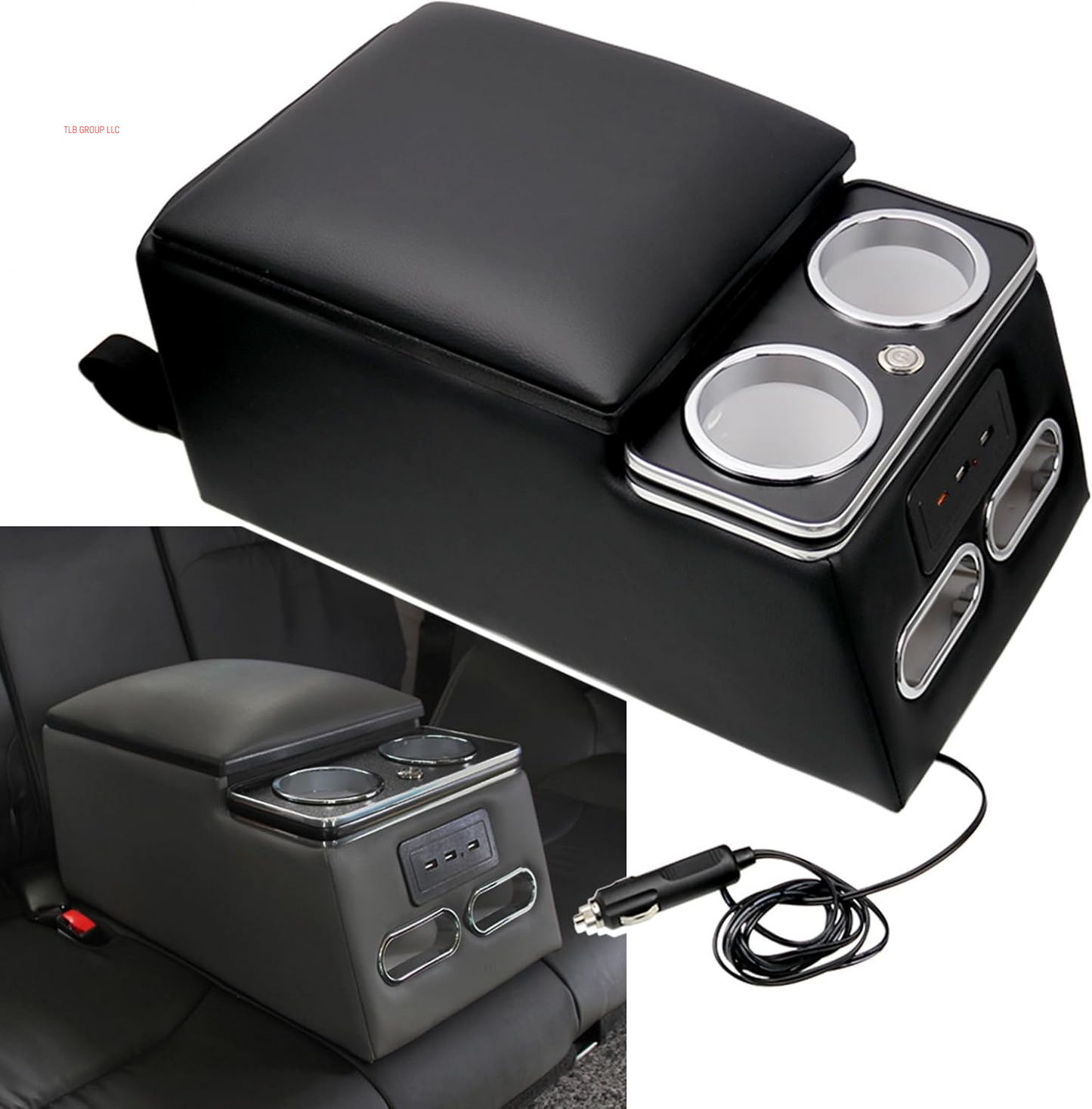 Black Universal Truck Seat/Bench Organizer with LED Light, USB Port, Cup Holders, Armrest, and Padded Top Lid - Ideal for Business Storage 124810 Contractor Console Luxurious