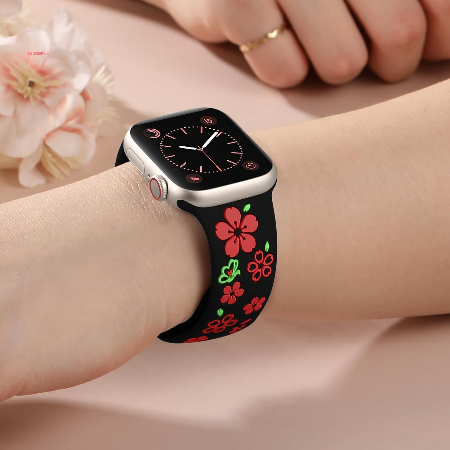Floral Engraved Band Compatible for Apple Watch Bands for Women 40Mm 41Mm 38Mm 42Mm 44Mm 45Mm 46Mm 49Mm, Cute Flower Silicone Inlay Dressy Strap for Iwatch Series 10 9 8 7 6 5 4 3 2 SE Ultra