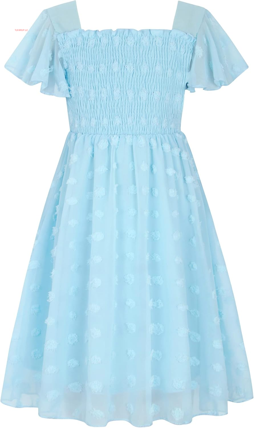 6-12T Girls Chiffon Dress with Solid Pom Poms & Flutter Ruffle Short Sleeve Kids Lace Square Neck Frocks