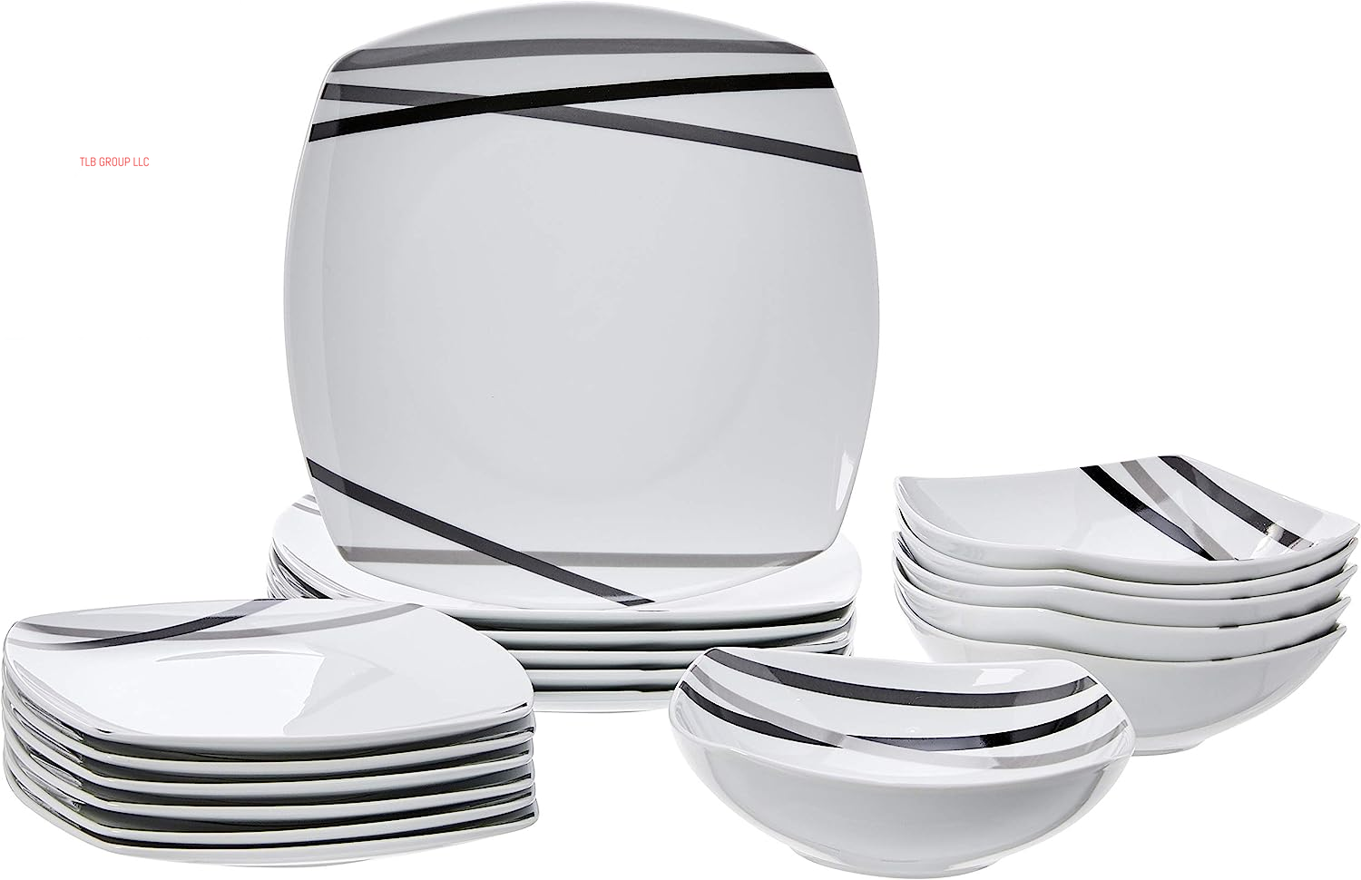 18 Piece Kitchen Dinnerware Set - Square Plates, Bowls, Service for 6 - Modern Beams