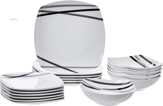 18 Piece Kitchen Dinnerware Set - Square Plates, Bowls, Service for 6 - Modern Beams