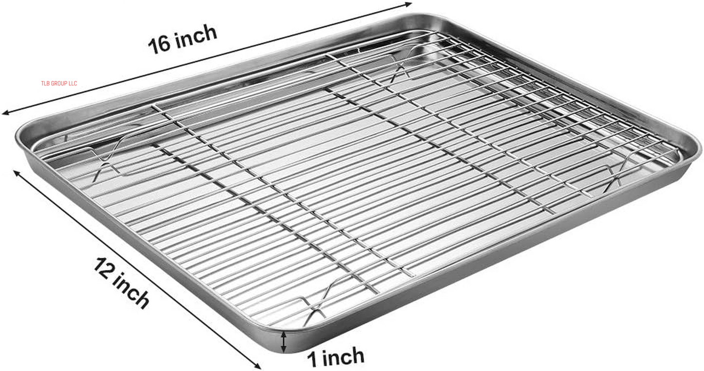 Stainless Steel Baking Sheet Tray Cooling Rack with Silicone Baking Mat Set, Cookie Pan with Cooling Rack, Set of 6 (2 Sheets + 2 Racks + 2 Mats), Size 16 X 12 X 1 Inch, Easy Clean
