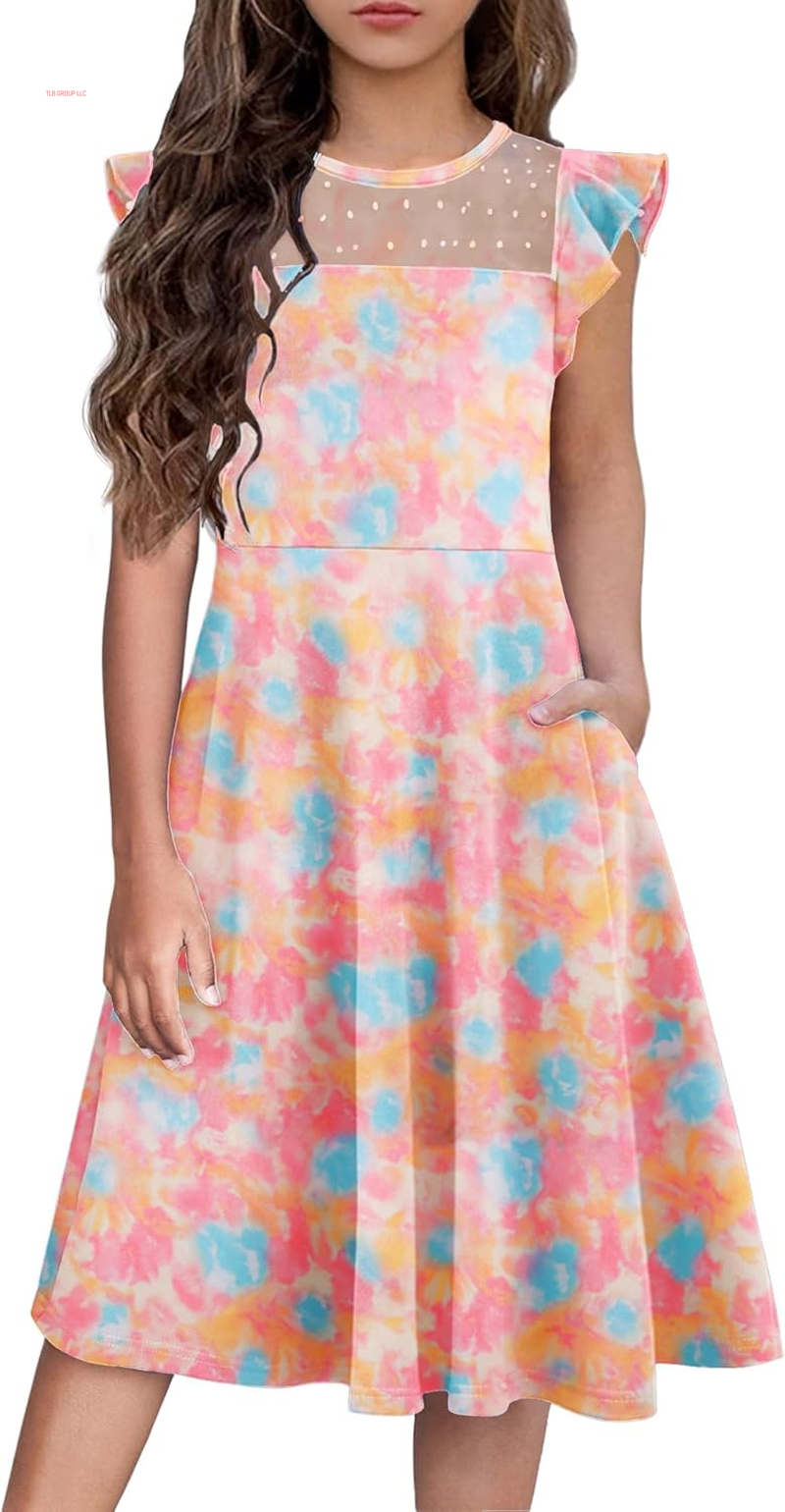 Girls Dresses Summer Formal Party Wedding Ruffle Sleeve Mesh a Line Dress with Pockets