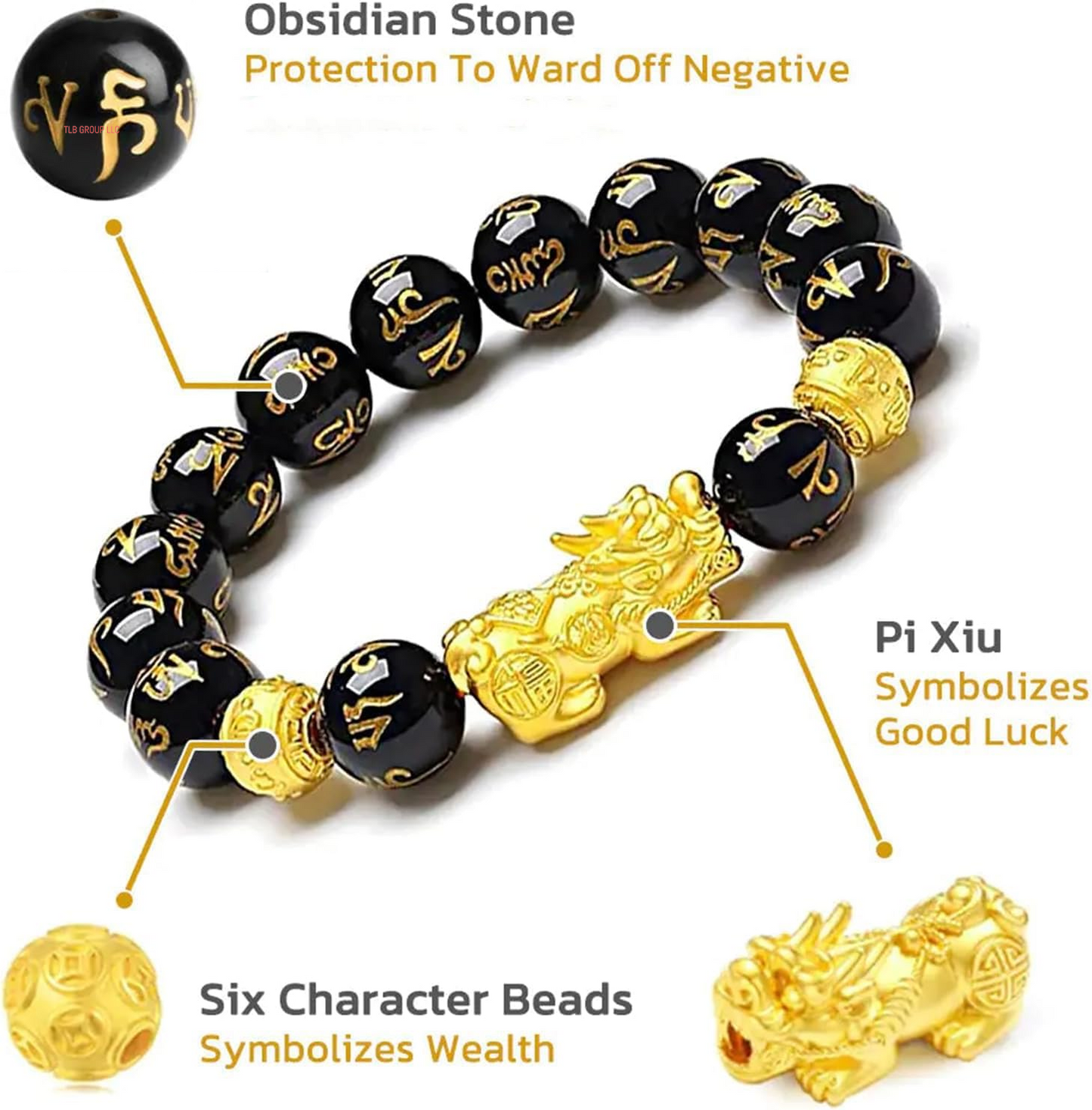 Fengshui Wealth and Luck Bracelet, Feng Shui Black Obsidian Pixiu Wealth Bracelet Prosperity Buddha Beads Elastic Bracelets for Women Men Jewelry