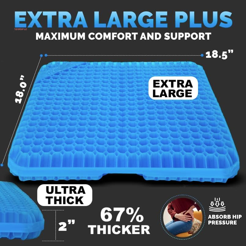 Gel Seat Cushions for Long Sitting- Extra Large & Ultra Thick(2" Inch)- Office Chair Cushion for Pressure Relief, Sciatica, Hip & Back Pain- Car Seat, Wheelchair, Truck Driver Seat - Non-Slip Ties TRUCK DRIVER