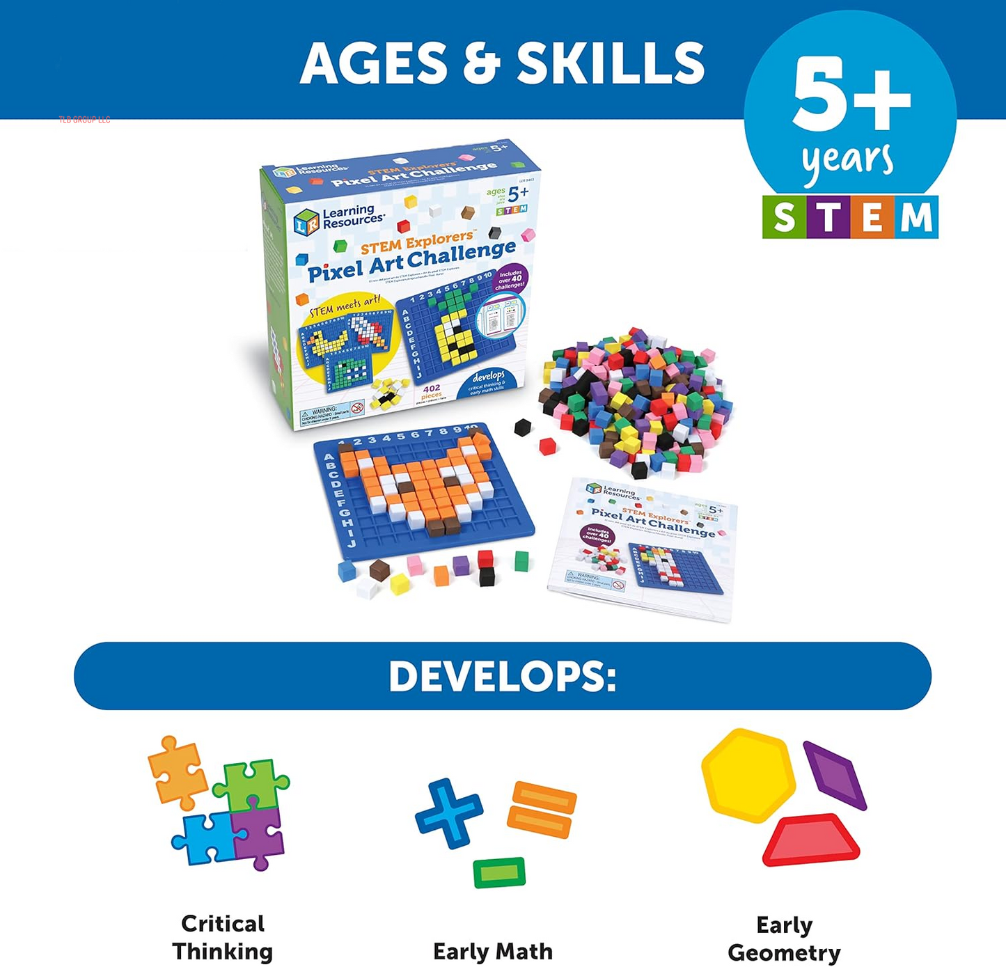 STEM Explorers Pixel Art Challenge - Math Puzzles, Pattern Blocks, Creativity for Kids Sensory Bin, Arts and Crafts, Math Manipulatives, Building Toys, Montessori