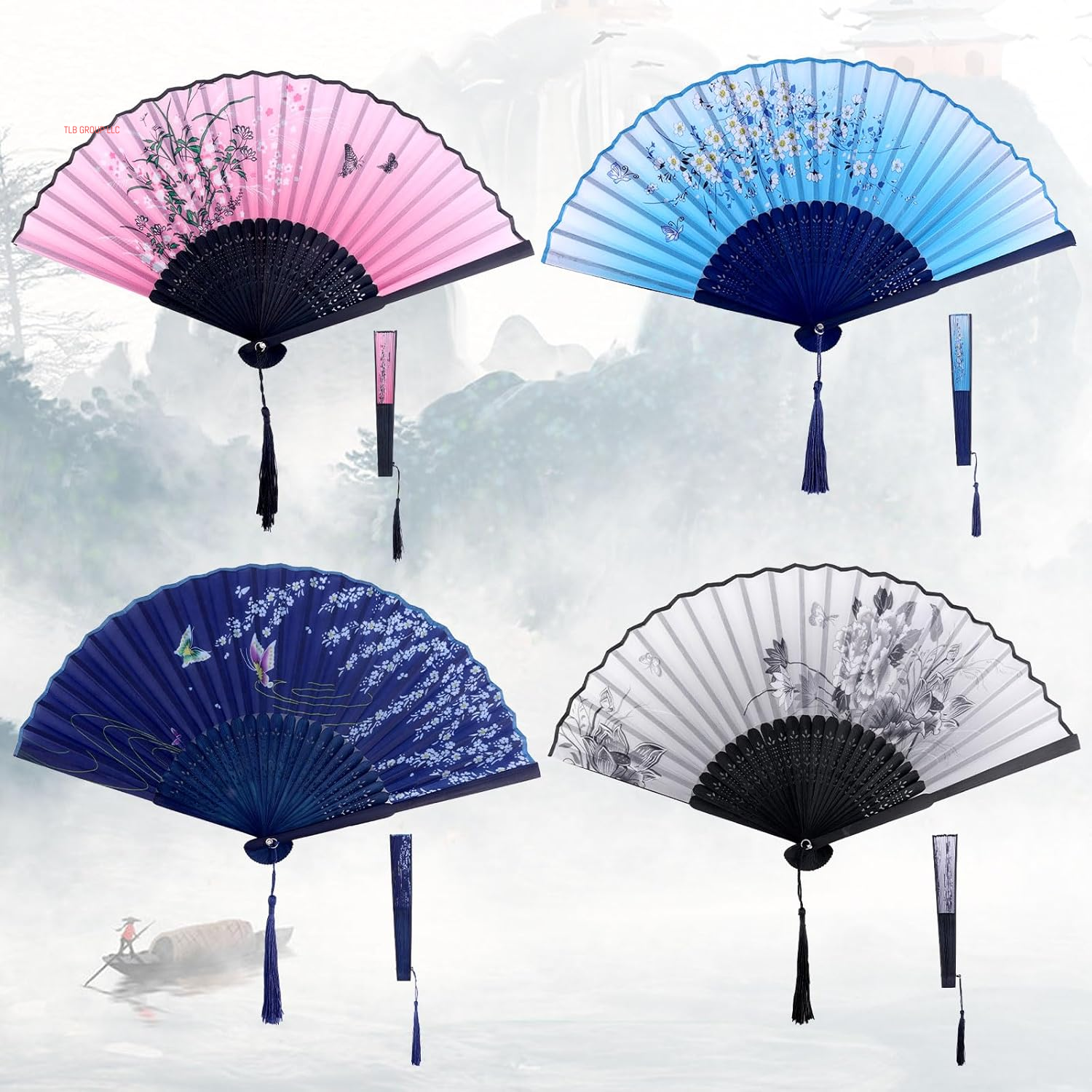 4Pcs Popping Fans for Line Dancing, Foldable Folding Wood Clack Hand Fans Retro Pattern Chinese Style Handheld Rave Accessories for Line Dancing and More