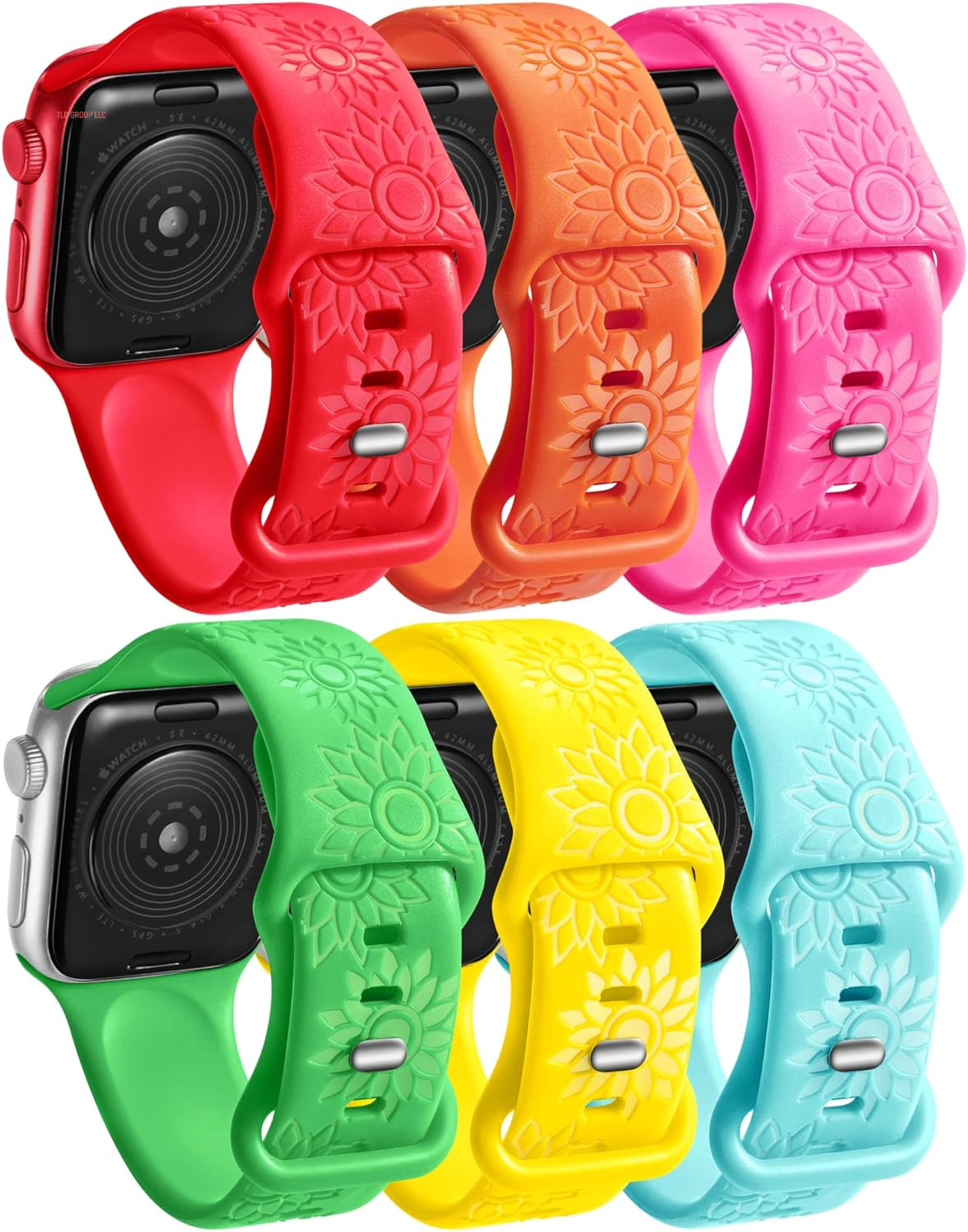 6 Pack Flower Engraved Bands Compatible Apple Watch Band with 38Mm 40Mm 41Mm 42Mm 44Mm 46Mm 45Mm 49Mm Women Men.Silicone Floral Reflective Sport Strap for Iwatch Series 10 9 8 7 6 5 4 3 SE Ultra 2 1