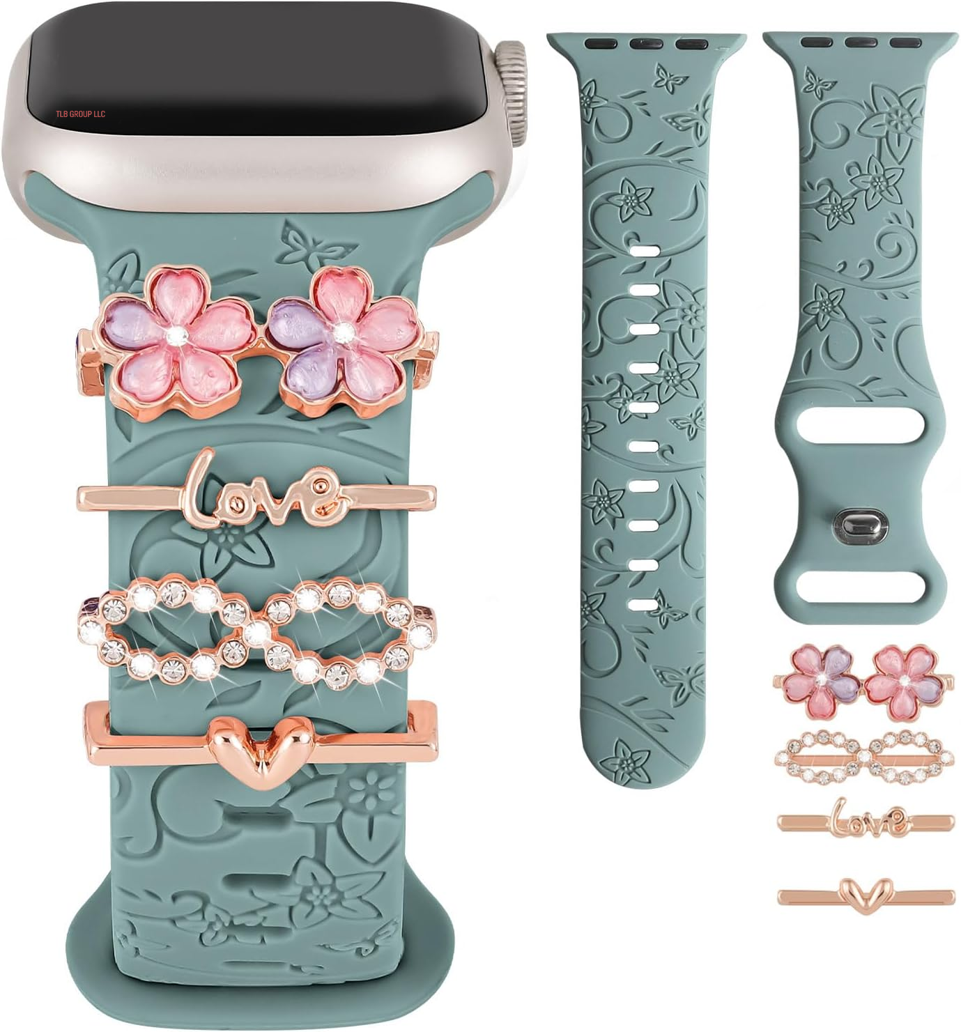 Charm+Band for Apple Watch Bands 40Mm 41Mm 38Mm 44Mm 45Mm 46Mm 42Mm Women Men,Floral Engraved Silicone Sport Band+Decorative Ring Loops for Iwatch Series 10 9 8 7 6 5 4 3 SE Ultra/2 49Mm,Jewelry Strap