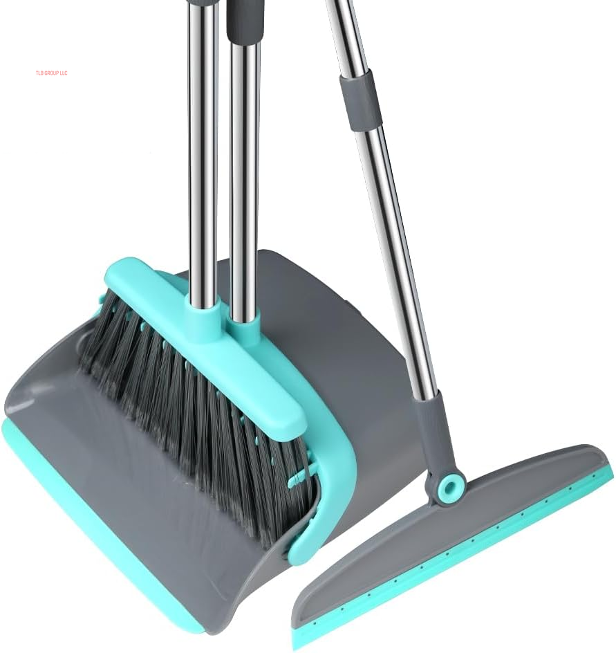 Upgrade Broom and Dustpan Set, Silicone Broom,Long Handle Broom with Upright Standing Dustpan, Squeegee - Broom for Indoor Cleaning 2+1,For Indoor Outdoor,Smooth Floors, Rugs (Grey-White)