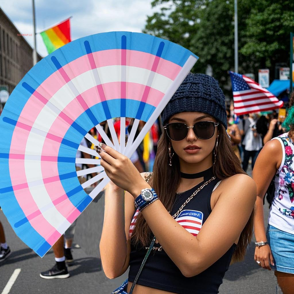 Rainbow Large Folding Fan-Hand Fan Popping Fans for Line Dancing Clacking Fans for Boots on the Ground Dance,Party,Outdoor,Decoration (Blue+Pink)