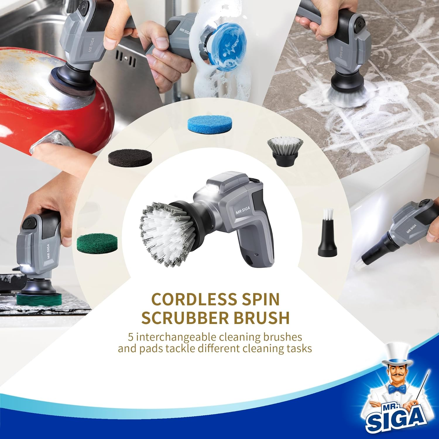 Electric Spin Scrubber for Kitchen and Bathroom Cleaning, Waterproof Rechargeable Cordless Spin Scrubber with 5 Replaceable Cleaning Brushes and Pads