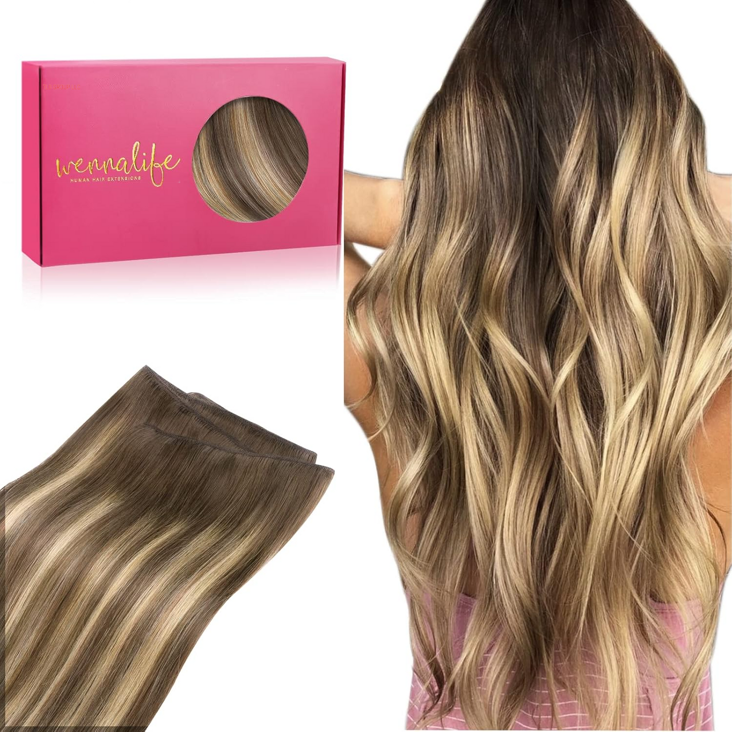 Sew in Hair Extensions Real Human Hair, 14 Inch 80G Light Blonde Highlighted Golden Blonde Machine Weft Hair Extensions Human Hair Hand Tied Weft Hair Extensions Sew In