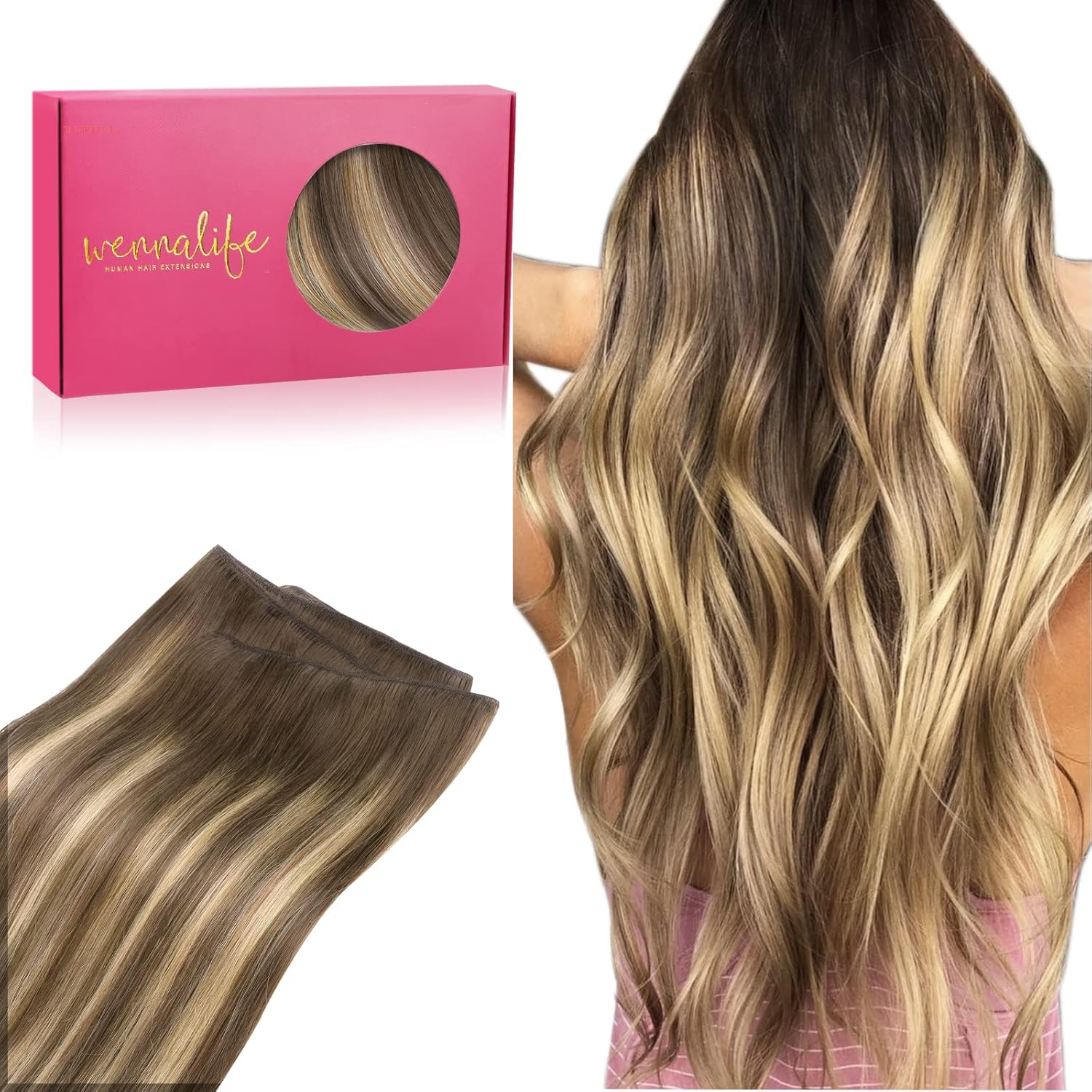 Sew in Hair Extensions Real Human Hair, 14 Inch 80G Light Blonde Highlighted Golden Blonde Machine Weft Hair Extensions Human Hair Hand Tied Weft Hair Extensions Sew In