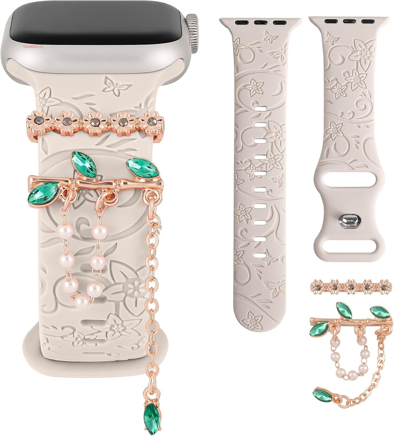 Charm+Band for Apple Watch Bands 40Mm 41Mm 38Mm 44Mm 45Mm 46Mm 42Mm Women Men,Floral Engraved Silicone Sport Band+Decorative Ring Loops for Iwatch Series 10 9 8 7 6 5 4 3 SE Ultra/2 49Mm,Jewelry Strap