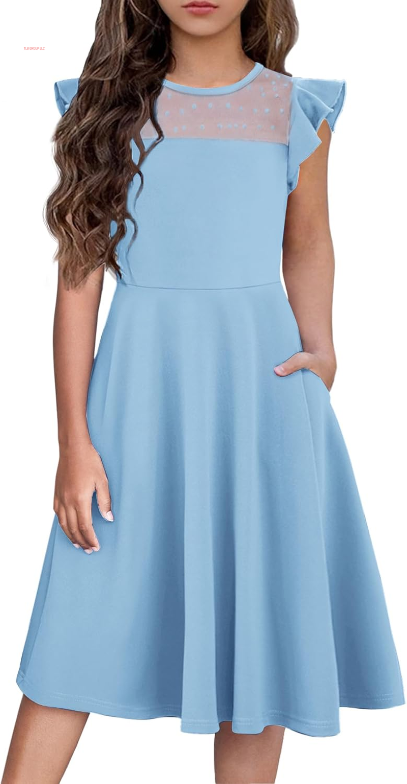 Girls Dresses Summer Formal Party Wedding Ruffle Sleeve Mesh a Line Dress with Pockets