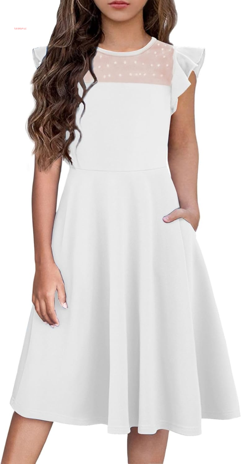 Girls Dresses Summer Formal Party Wedding Ruffle Sleeve Mesh a Line Dress with Pockets