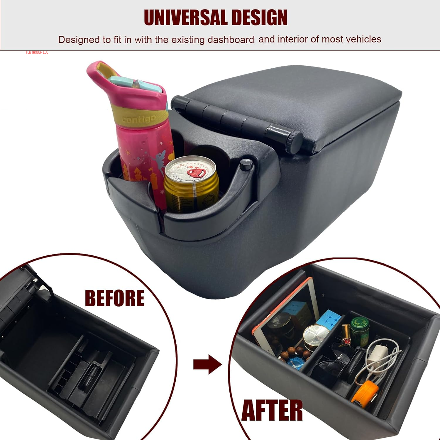 Universal Truck Seat/Bench Contractor Center Console Business Organizer and Storage with Adjustable Cup Holders, Clip Board, and Padded Top Lid for Armrest 124809 Black