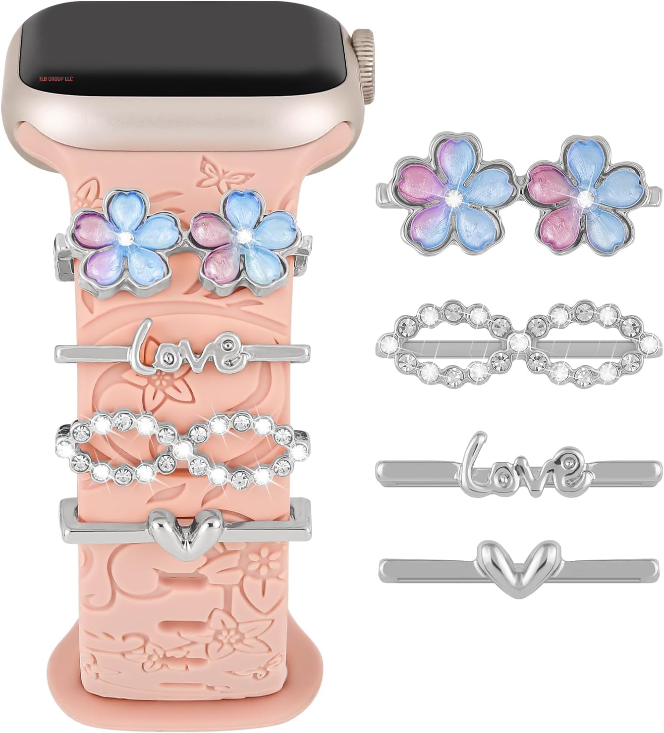 Charm+Band for Apple Watch Bands 40Mm 41Mm 38Mm 44Mm 45Mm 46Mm 42Mm Women Men,Floral Engraved Silicone Sport Band+Decorative Ring Loops for Iwatch Series 10 9 8 7 6 5 4 3 SE Ultra/2 49Mm,Jewelry Strap