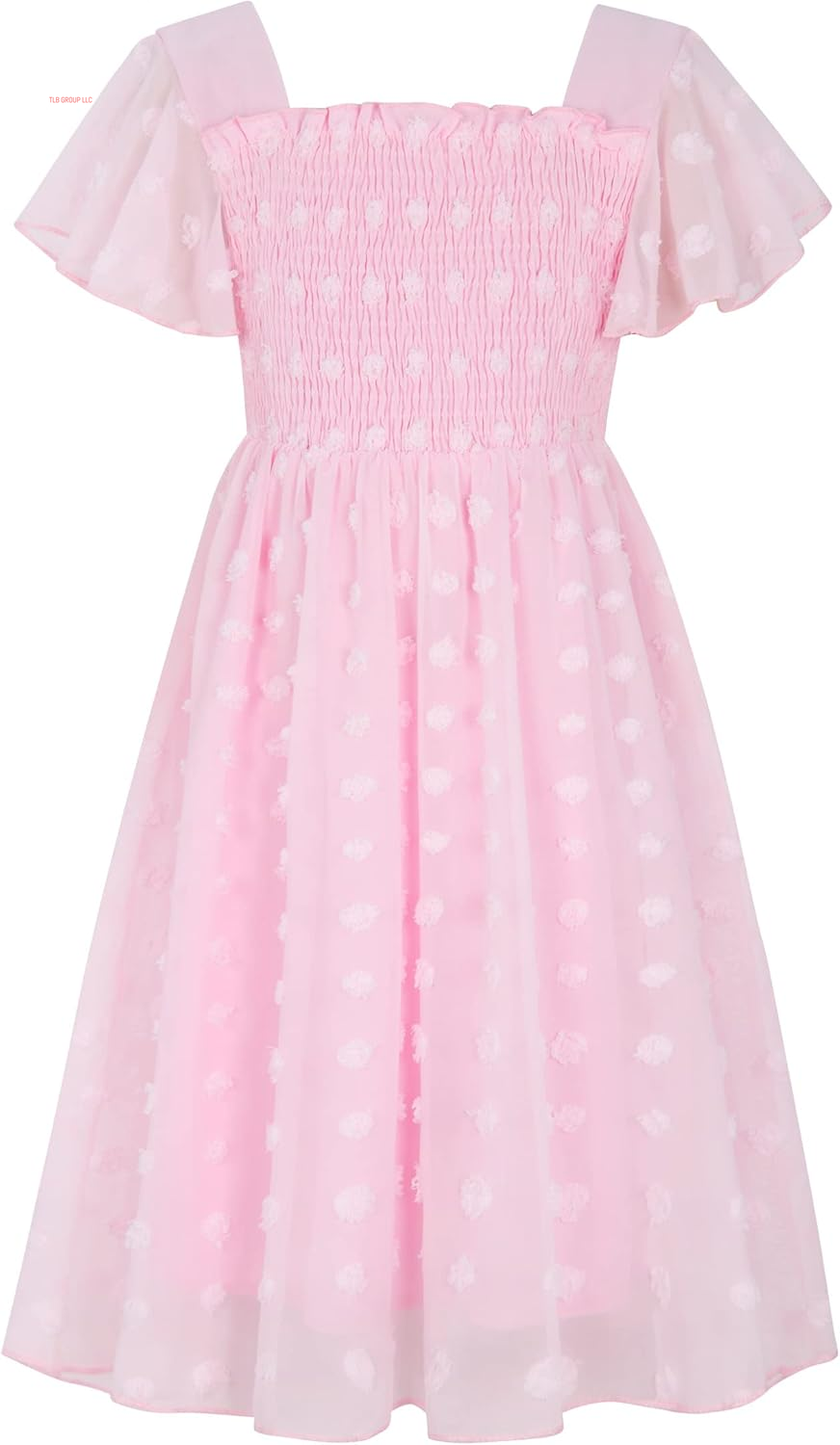 6-12T Girls Chiffon Dress with Solid Pom Poms & Flutter Ruffle Short Sleeve Kids Lace Square Neck Frocks