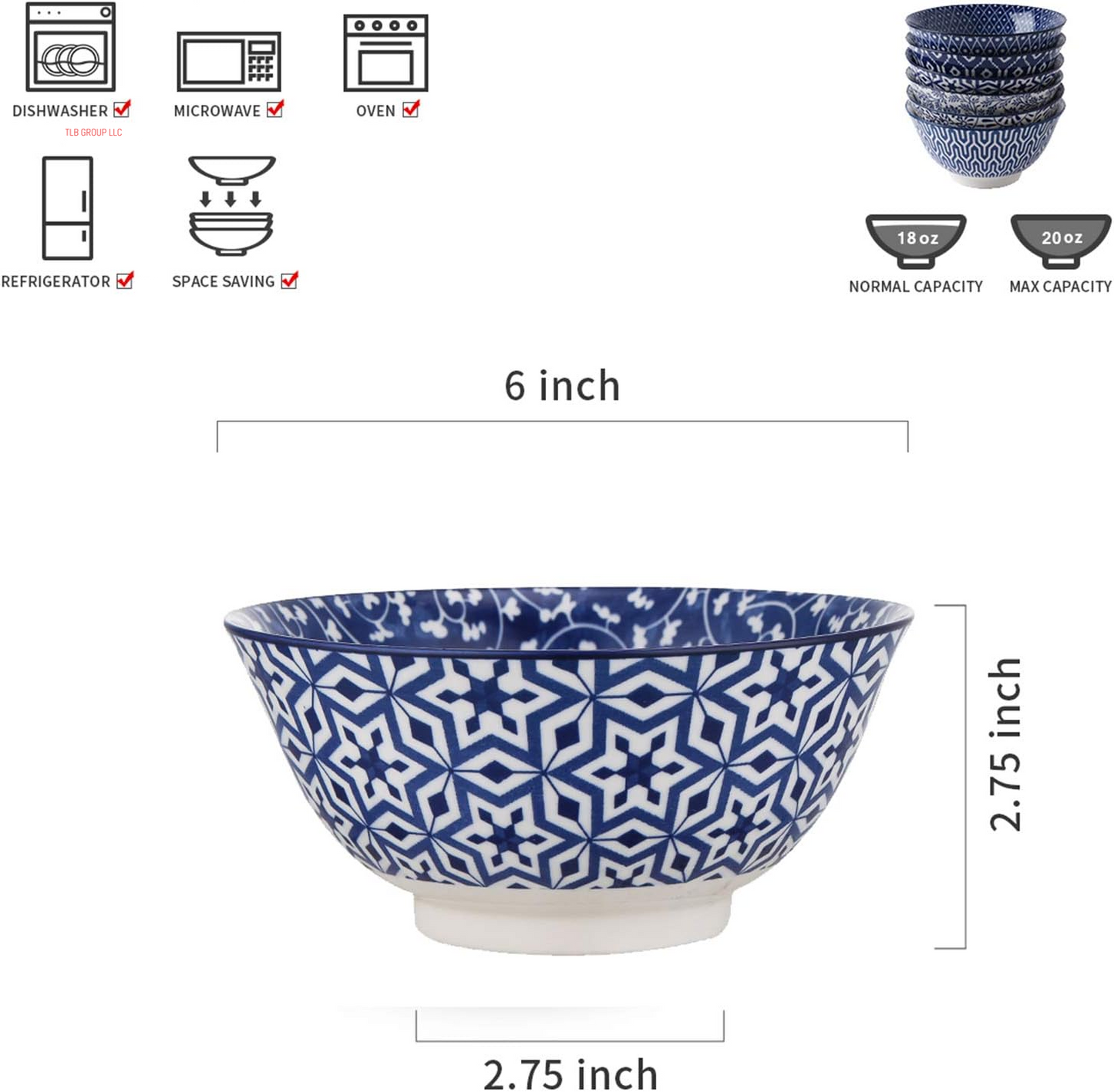 Blue and White Porcelain 20Oz Cereal Bowl Set - Set of 6, 6 Inch Soup Bowls, Ceramic Bowls for Cereal, Soup, Salad and Pasta, Vintage Blue