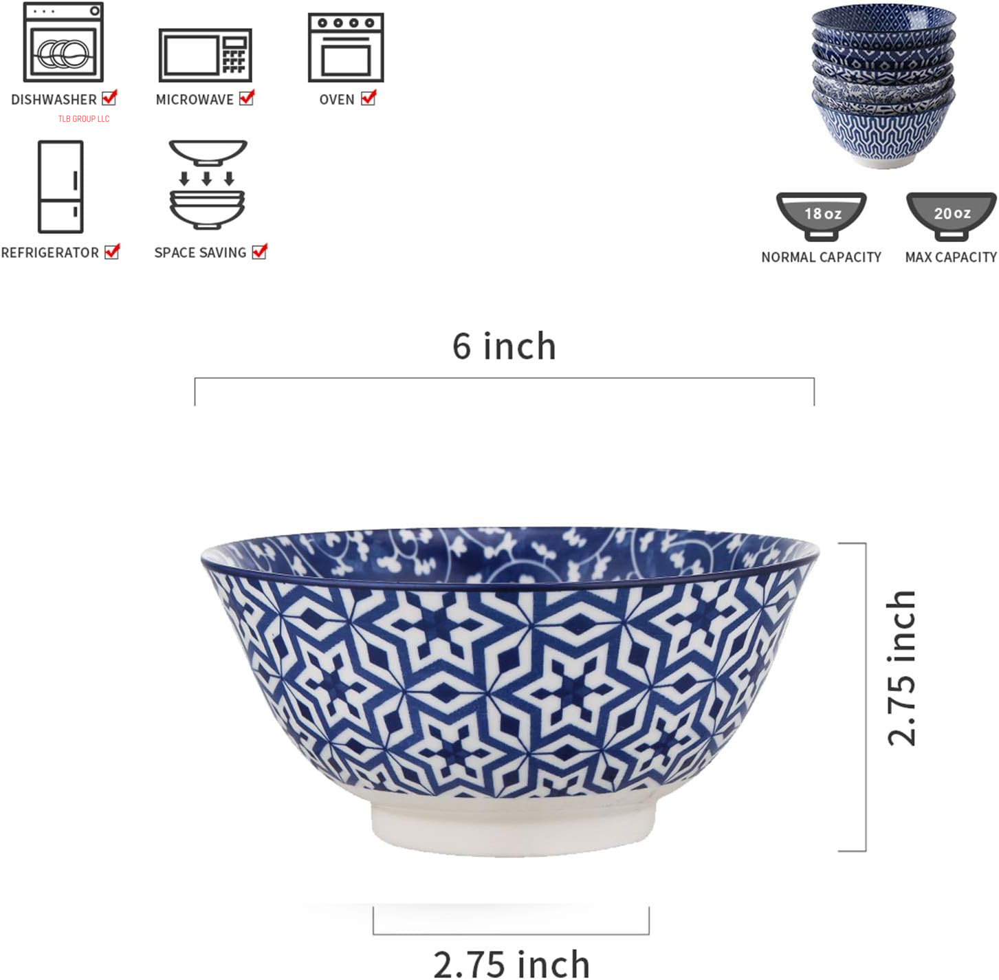 Blue and White Porcelain 20Oz Cereal Bowl Set - Set of 6, 6 Inch Soup Bowls, Ceramic Bowls for Cereal, Soup, Salad and Pasta, Vintage Blue