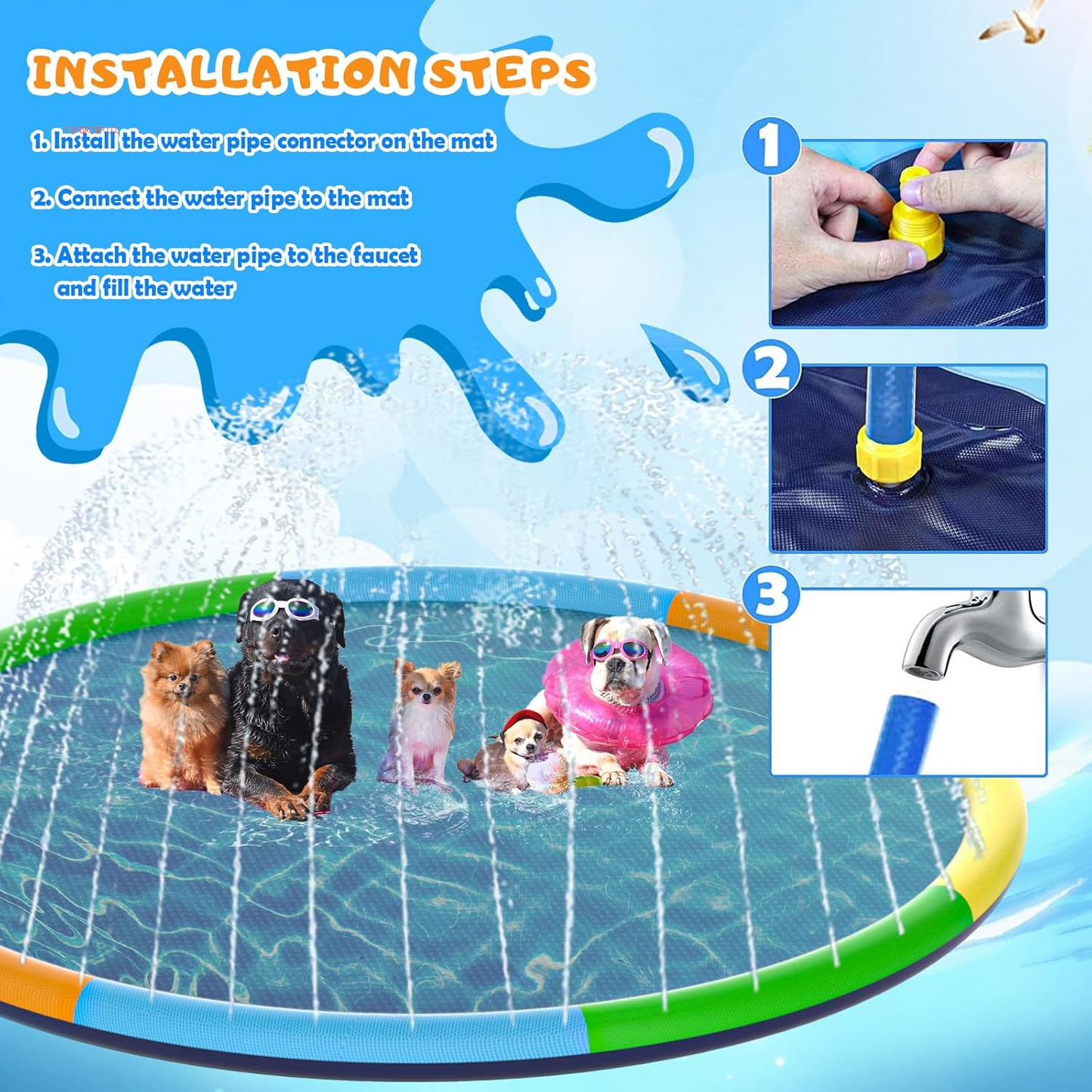 Large Splash Pad, Sprinkler for Dogs and Kids, 0.5Mm Thickened Durable and Foldable Large Pool, Colorful Summer Outdoor Water Play Mat Toys for Toddlers and Dogs (13 FT/157 In)
