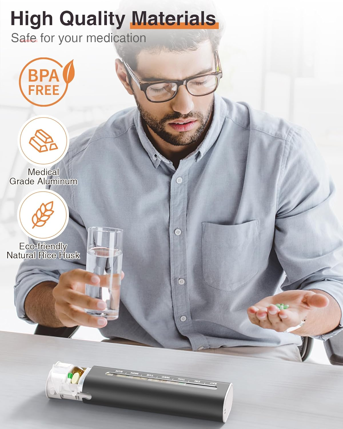 Metal Weekly Pill Organizer, Aluminum Daily Pill Box, 7 Day Portable Travel Pill Case, Large Capacity Pill Holder Container for Pills, Medicines, Vitamins, Fish Oil, Supplements, Steel Grey