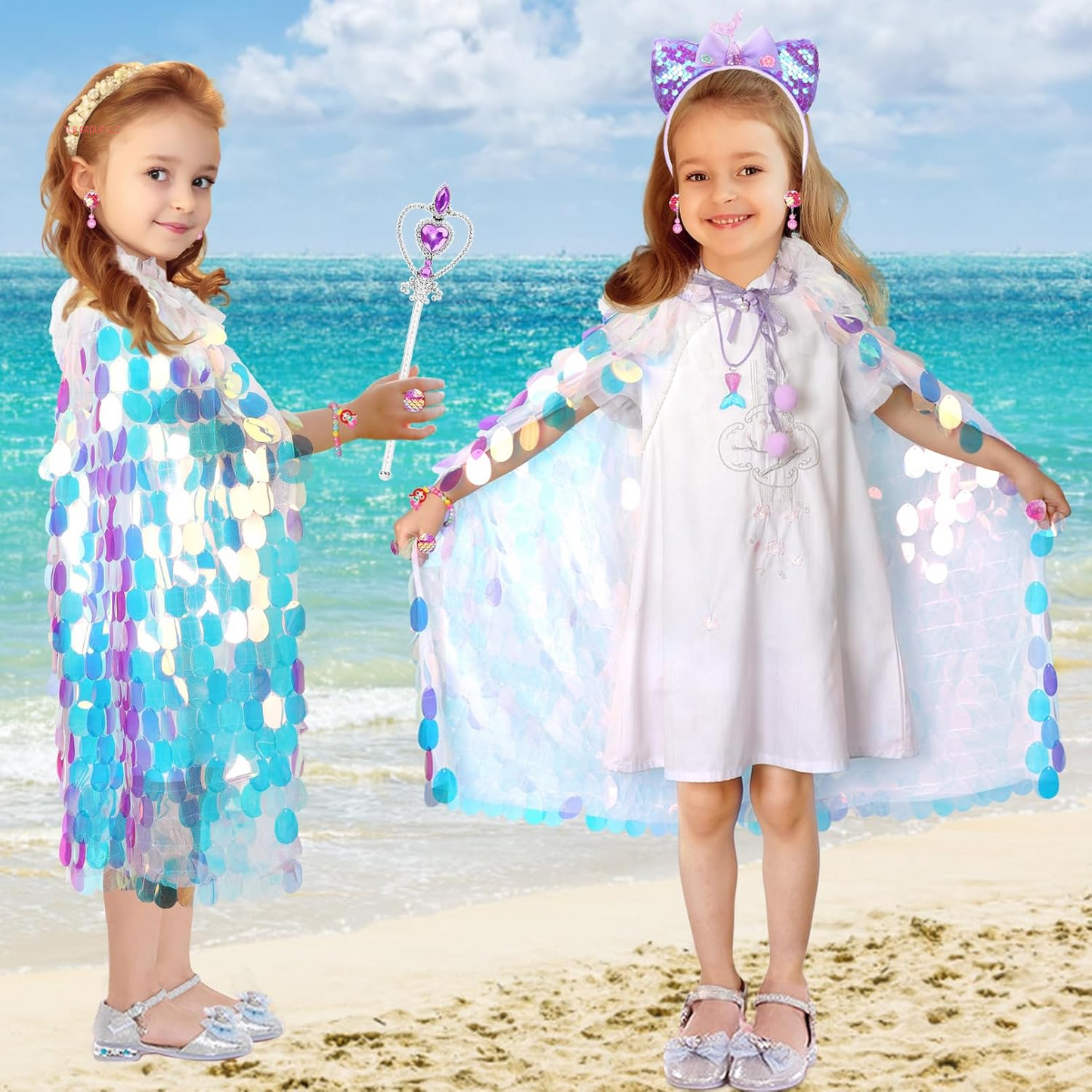 Princess Dress up for Girls 4-6, Mermaid Toddler Toys for Ages 3-8, 8 Pcs Shiny Sequin Princess Cape Set Kids Toys, Princess Girl Toys for Easter Halloween Birthday Christmas Gifts Party Favors