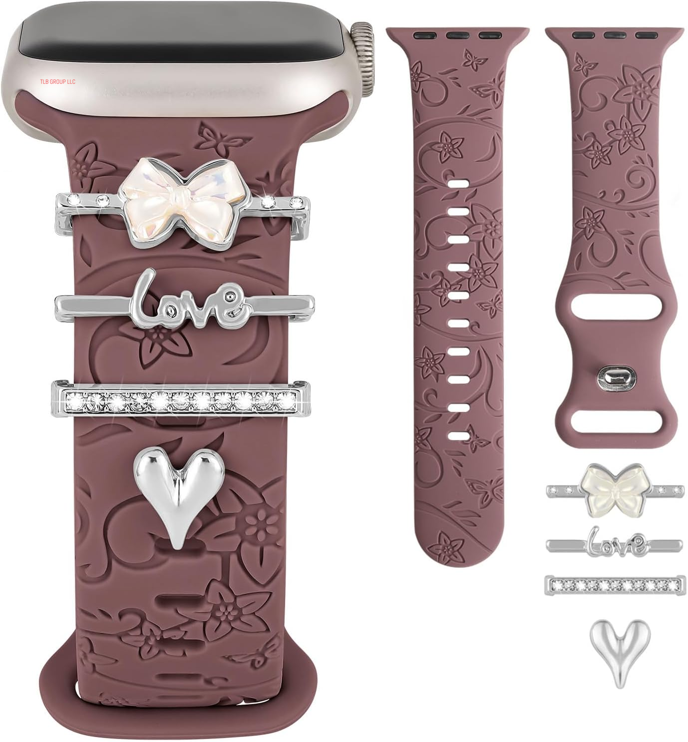 Charm+Band for Apple Watch Bands 40Mm 41Mm 38Mm 44Mm 45Mm 46Mm 42Mm Women Men,Floral Engraved Silicone Sport Band+Decorative Ring Loops for Iwatch Series 10 9 8 7 6 5 4 3 SE Ultra/2 49Mm,Jewelry Strap