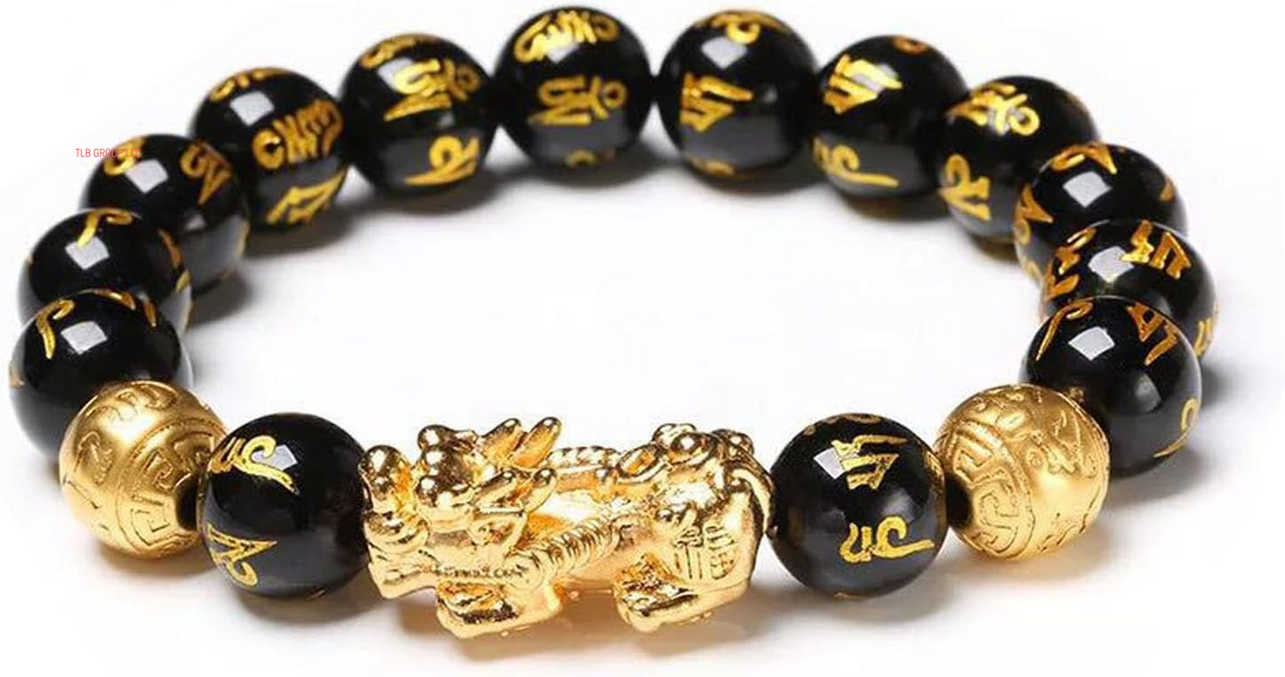 Fengshui Wealth and Luck Bracelet, Feng Shui Black Obsidian Pixiu Wealth Bracelet Prosperity Buddha Beads Elastic Bracelets for Women Men Jewelry