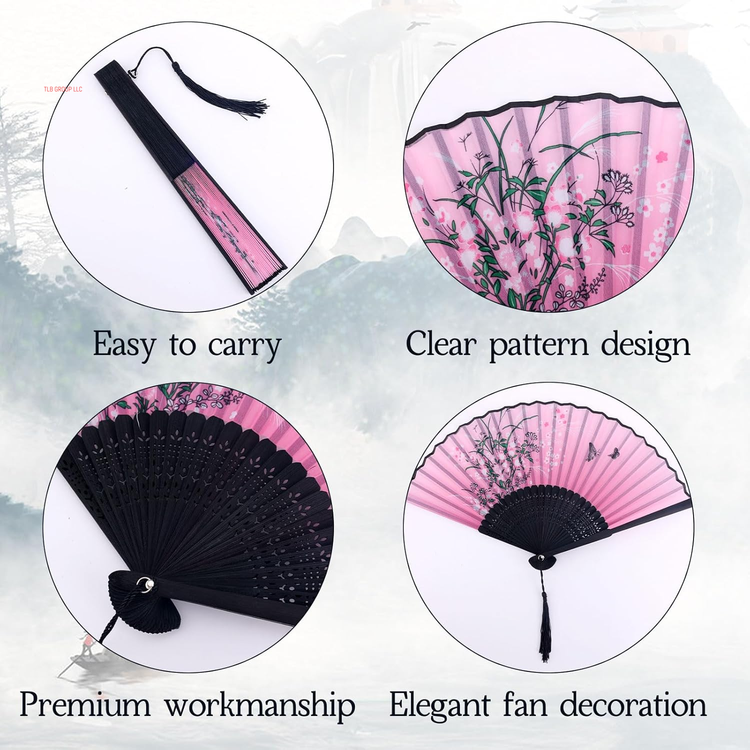 4Pcs Popping Fans for Line Dancing, Foldable Folding Wood Clack Hand Fans Retro Pattern Chinese Style Handheld Rave Accessories for Line Dancing and More