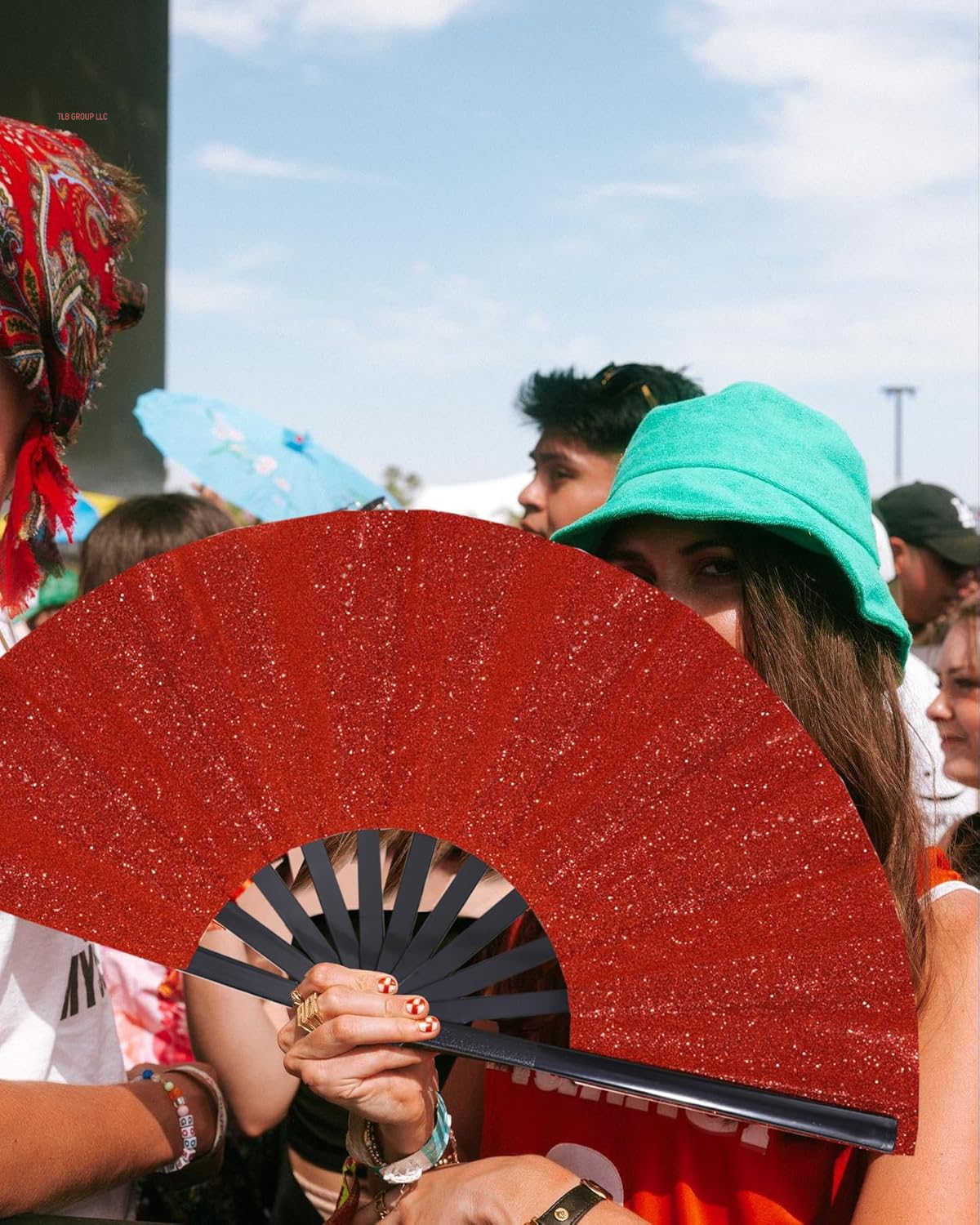 Large Folding Fan-Hand Fan Popping Fan for Line Dancing Clacking Fans for Boots on the Ground Dance, Party,Outdoor,Decoration (Red Glitter)