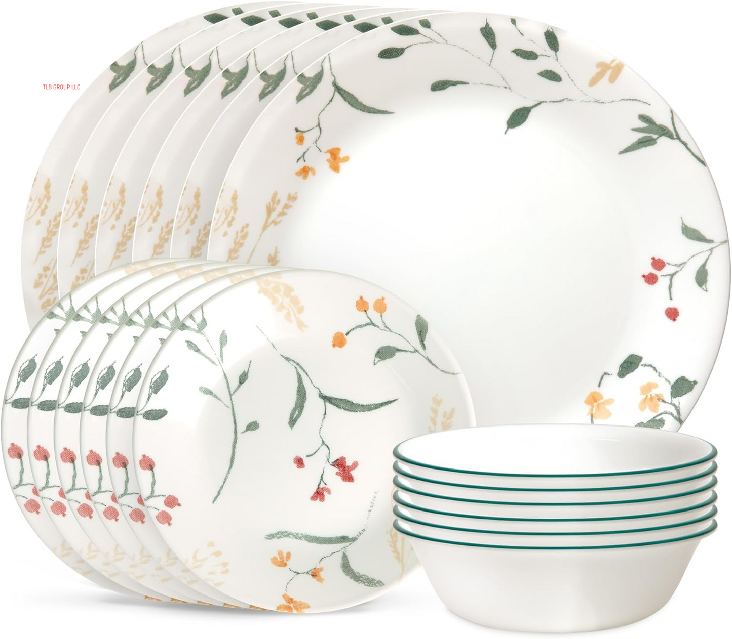 Vitrelle 18 Piece Glass Dinnerware Sets, Service for 6, Triple Layer Chip & Crack Resistant Glass Plate and Bowl Sets, Spring Blossom Green