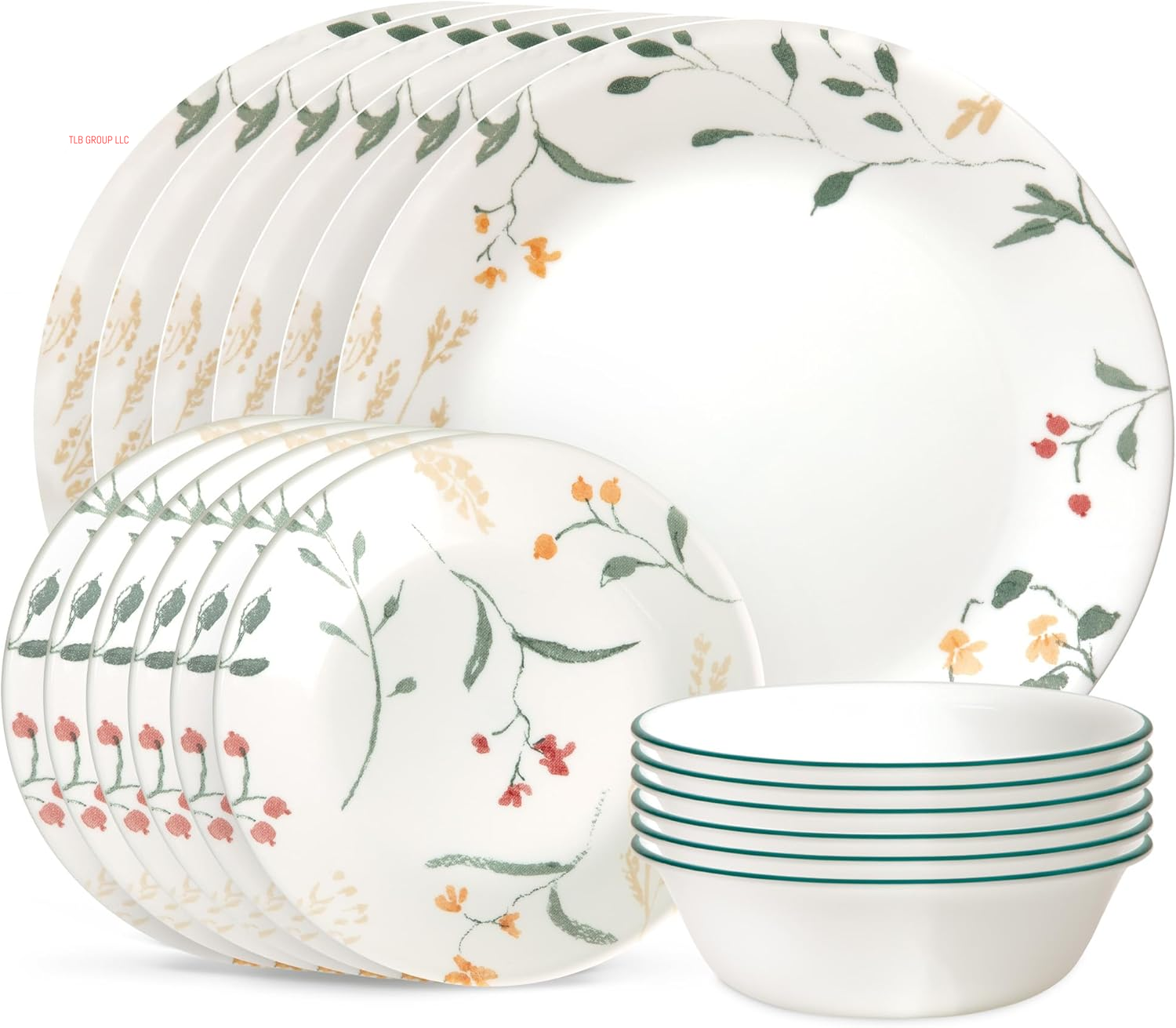 Vitrelle 18 Piece Glass Dinnerware Sets, Service for 6, Triple Layer Chip & Crack Resistant Glass Plate and Bowl Sets, Spring Blossom Green