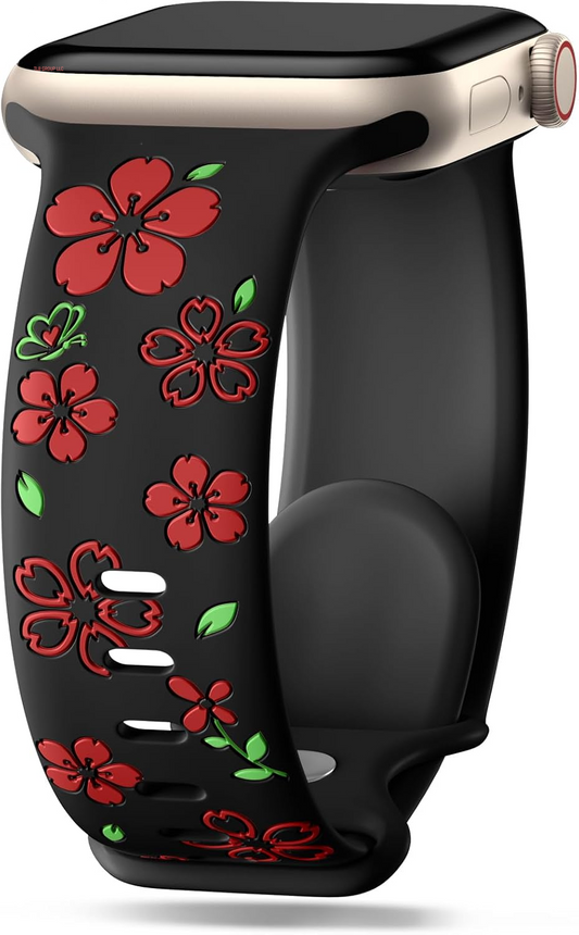 Floral Engraved Band Compatible for Apple Watch Bands for Women 40Mm 41Mm 38Mm 42Mm 44Mm 45Mm 46Mm 49Mm, Cute Flower Silicone Inlay Dressy Strap for Iwatch Series 10 9 8 7 6 5 4 3 2 SE Ultra
