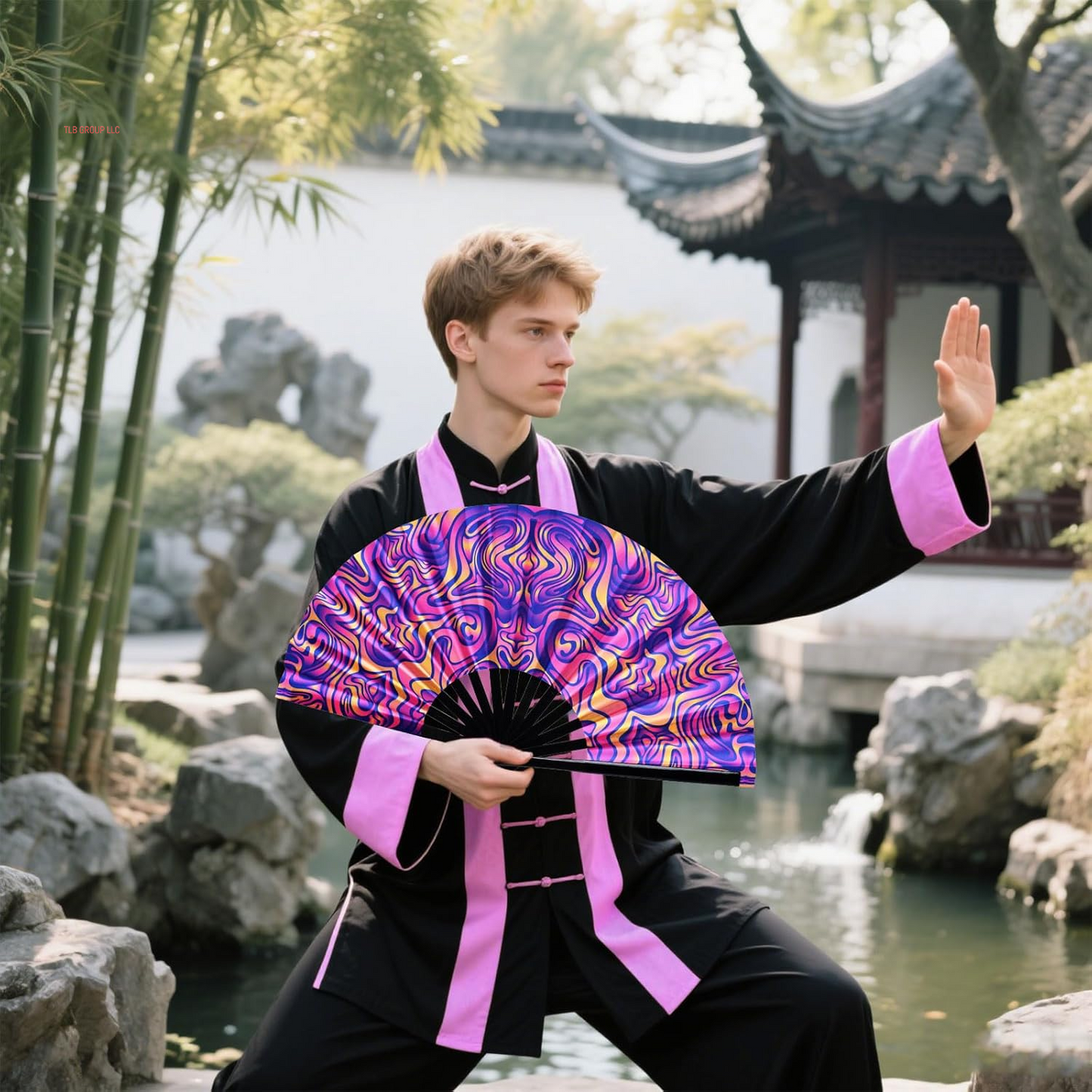 UV Glow Rave Fan Large Handheld Folding 13 Inch Bamboo Festival Foldable Clack Popping Fan for Line Dancing Men and Women (Ripple)