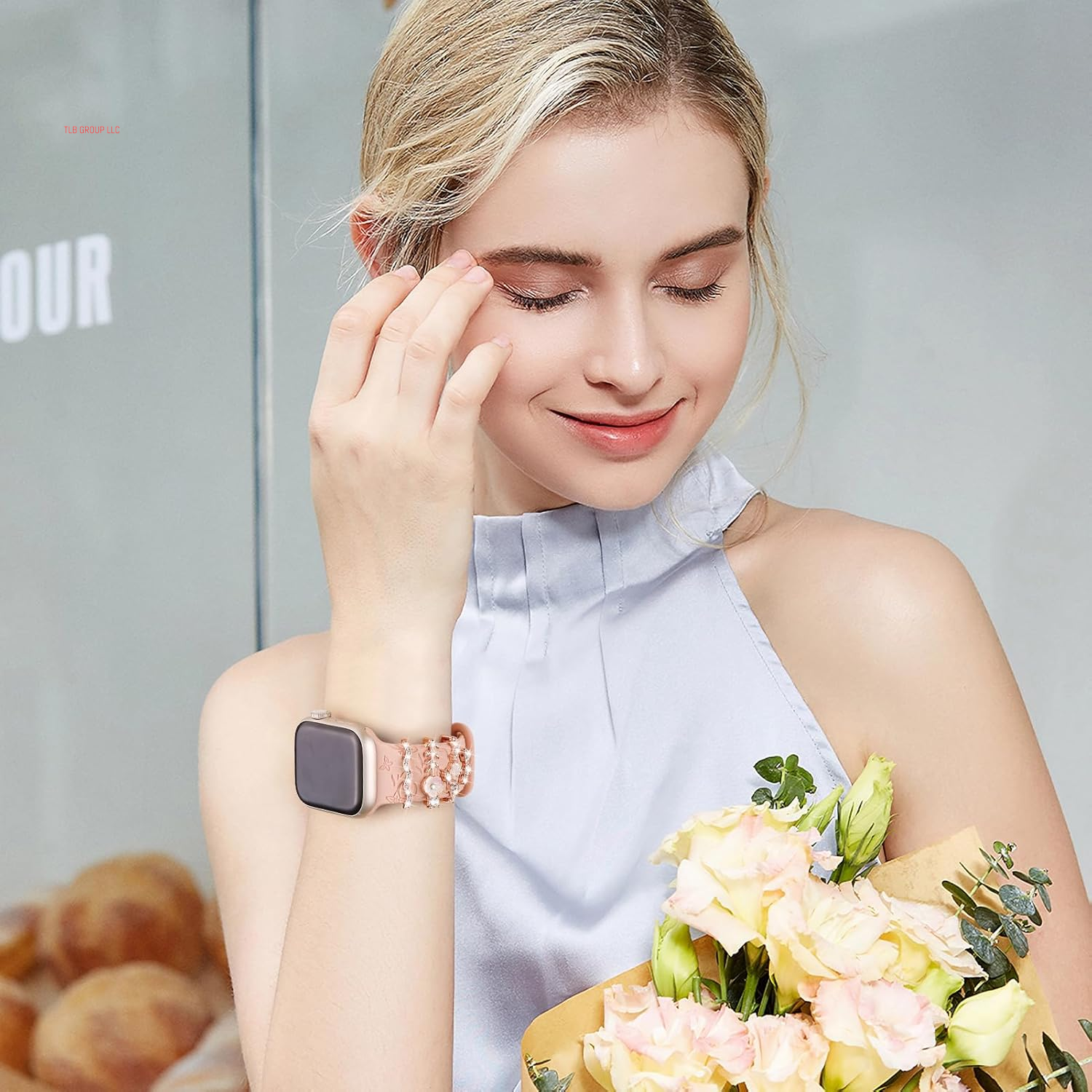 Charm+Band for Apple Watch Bands 40Mm 41Mm 38Mm 44Mm 45Mm 46Mm 42Mm Women Men,Floral Engraved Silicone Sport Band+Decorative Ring Loops for Iwatch Series 10 9 8 7 6 5 4 3 SE Ultra/2 49Mm,Jewelry Strap