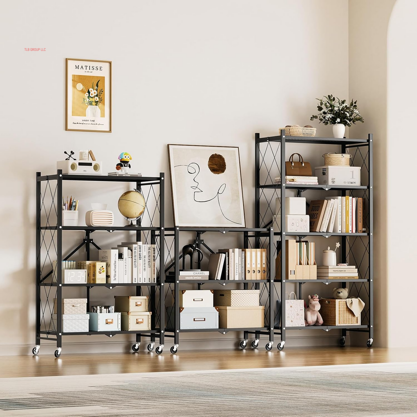 Heavy Duty 3-Tier Foldable Metal Rack, 14.96" D X 27.95" W X 34.25" H Storage Shelving Unit 750 Lbs with Wheels Moving Organizer Shelves for Garage Kitchen, Black