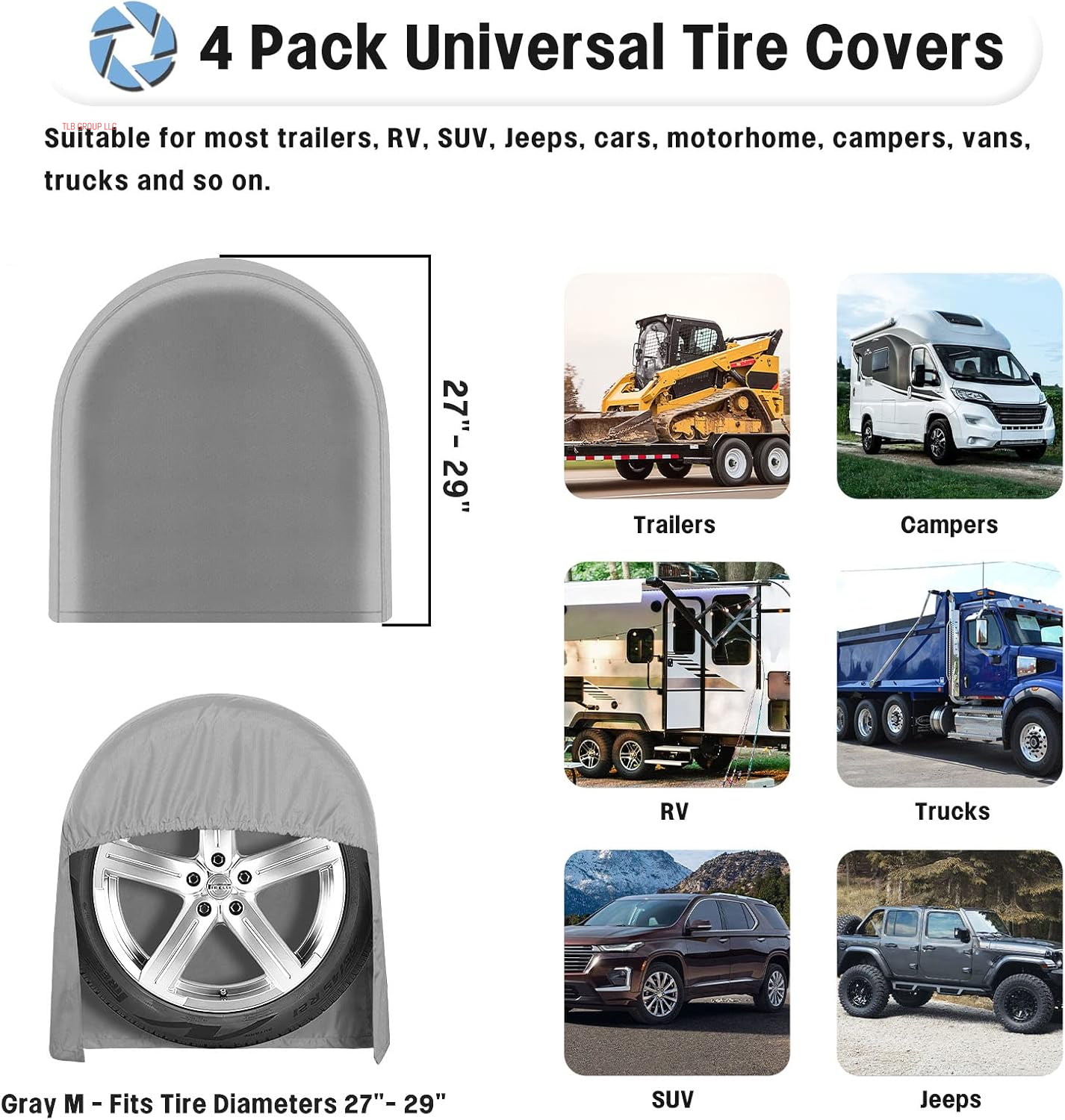 Outdoor Waterproof Tire Covers Set of 4 - Uv-Proof Trailer Wheel Cover Windproof Tire Protector for RV Jeep Trailers Camper Van Truck, Universal Tire Covering Fits Diameters 27"-29", Gray