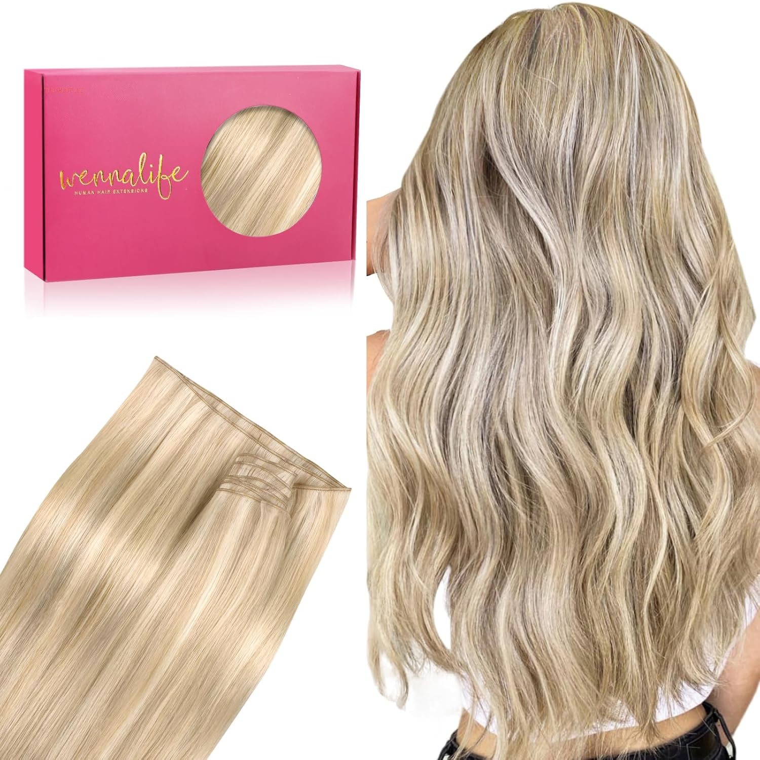 Sew in Hair Extensions Real Human Hair, 14 Inch 80G Light Blonde Highlighted Golden Blonde Machine Weft Hair Extensions Human Hair Hand Tied Weft Hair Extensions Sew In