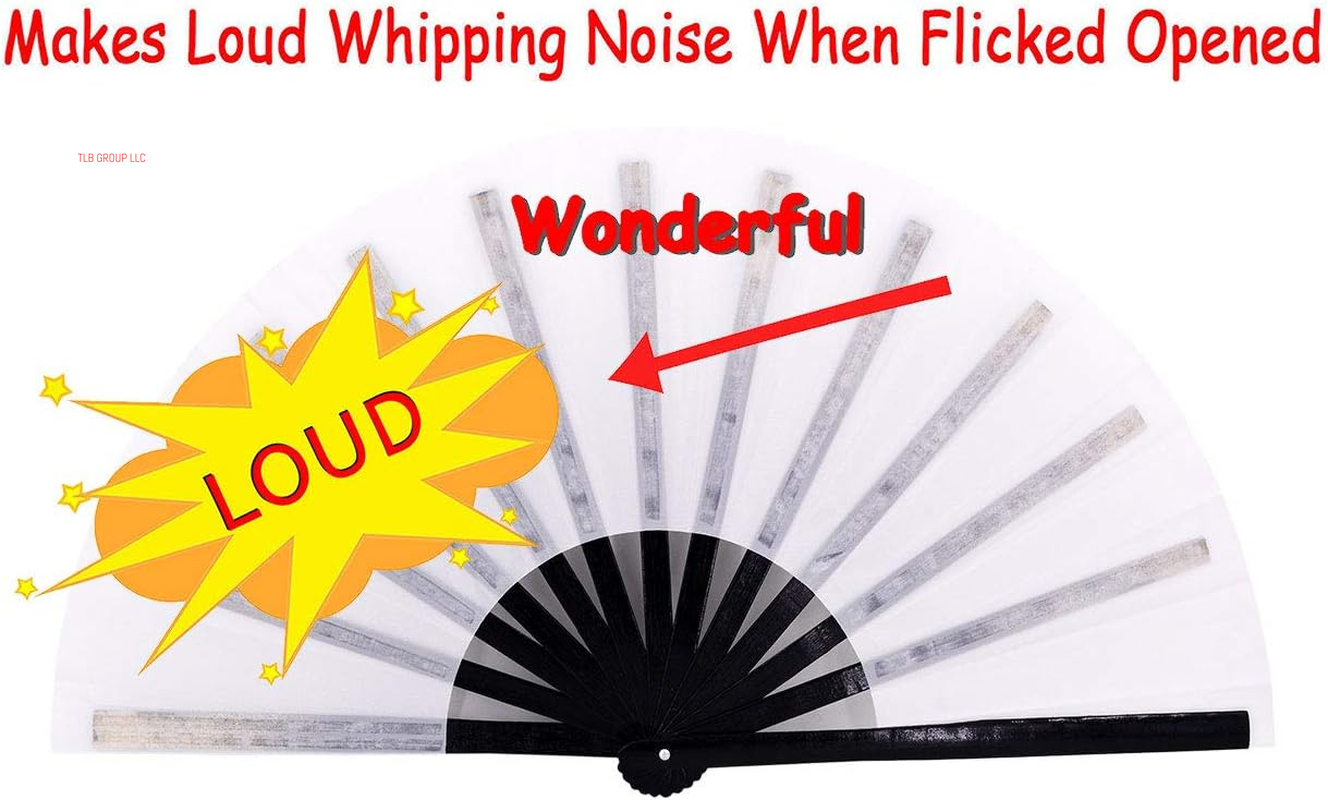 Large Folding Hand Rave Fan Popping Fans for Line Dancing, Big Clacking Fans Clap Fan for Boots on the Ground Dance,Party,Decoration,Festival (White and Black)